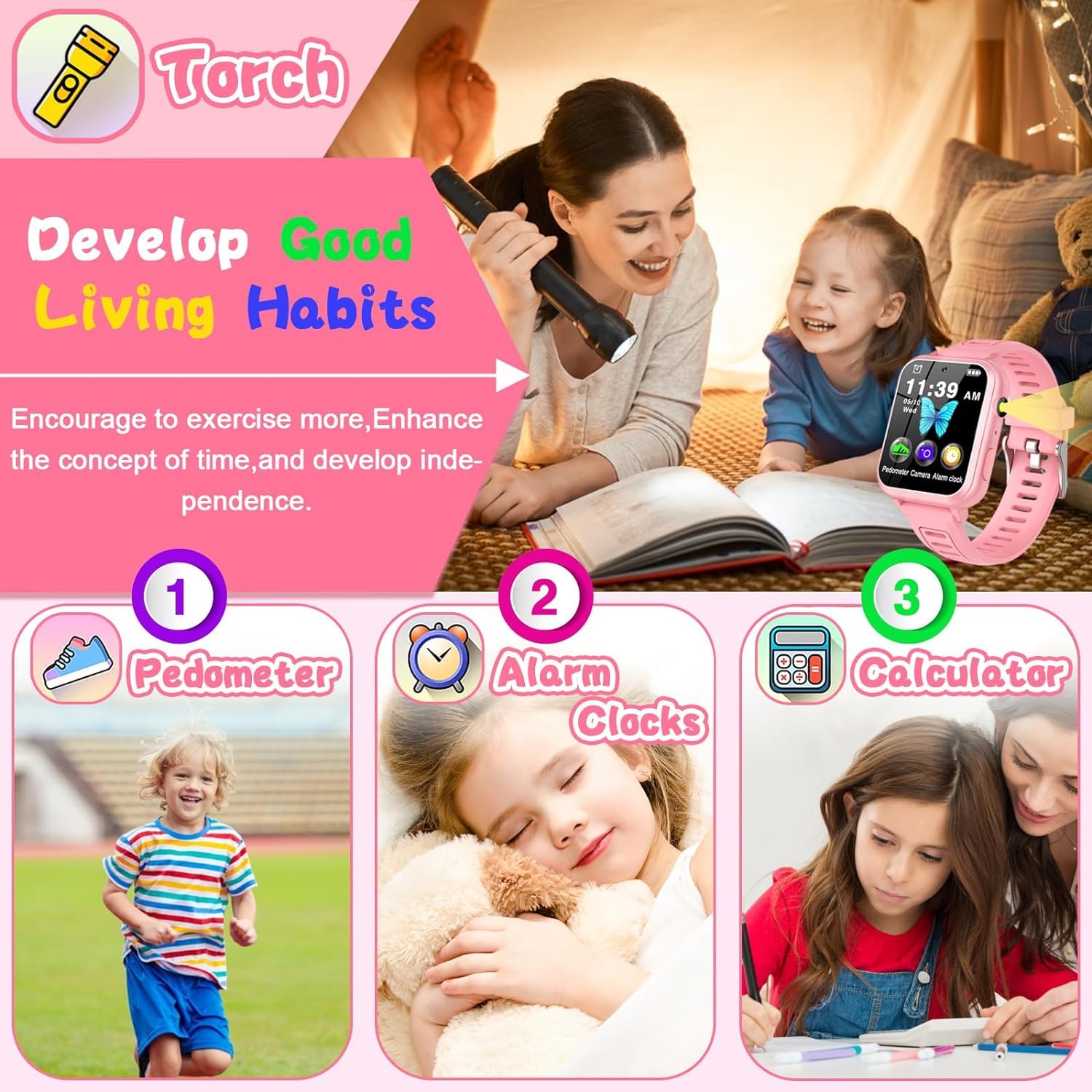Smartwatch per bambini, 24 giochi, musica, schermo da 1,54 pollici, contapassi, fotocamera, sveglia, calcolatrice, torcia elettrica da 3 a 12 anni