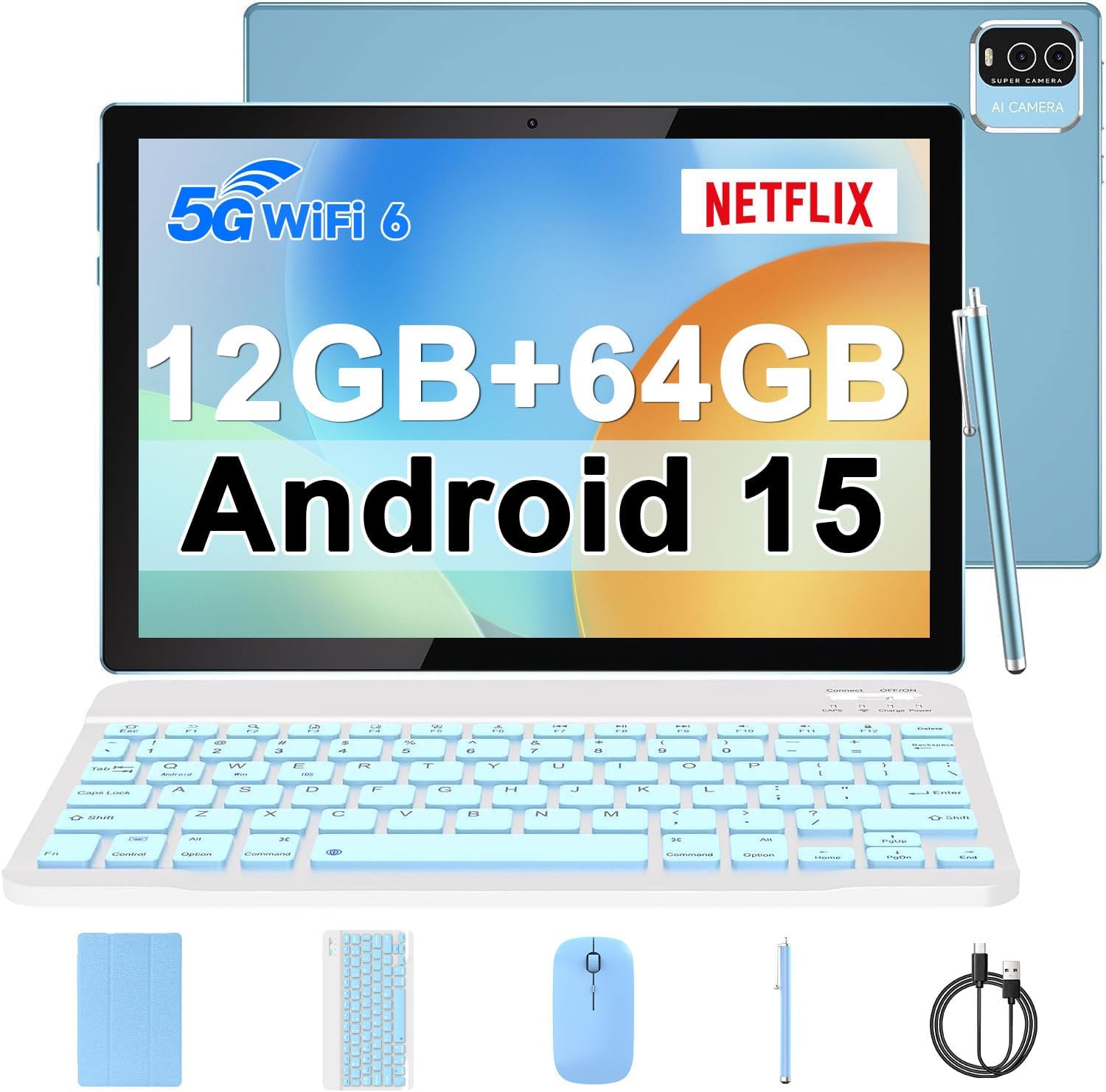 Android 14 Tablet, 10" 8GB RAM+64GB ROM+1TB Extendable, 1.8Ghz Quad Core Processor, 2 in 1 Tablet with Keyboard Case, Mouse Stylus, 2.4G/5G Wifi6, 8MP Dual Camera, 1280 x 800 IPS HD Screen Tablet