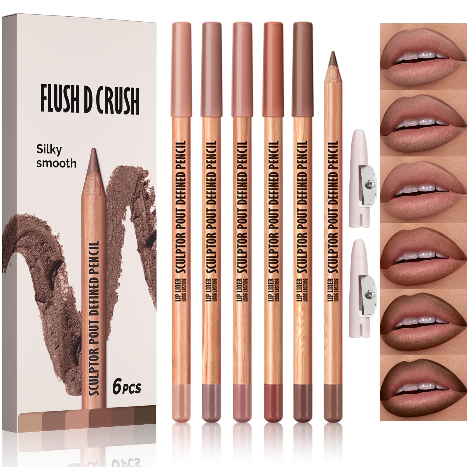Erinde Nude Matte Lip Liner Set, 6 Colors Lipliner Pencil Pack with Sharpener for Define & Sculpt Lip, Long-Lasting Waterproof Non-Smudge Brown Lipliner Delineador De Labios, 02 Nude Brown Series 02# Nude Brown Series