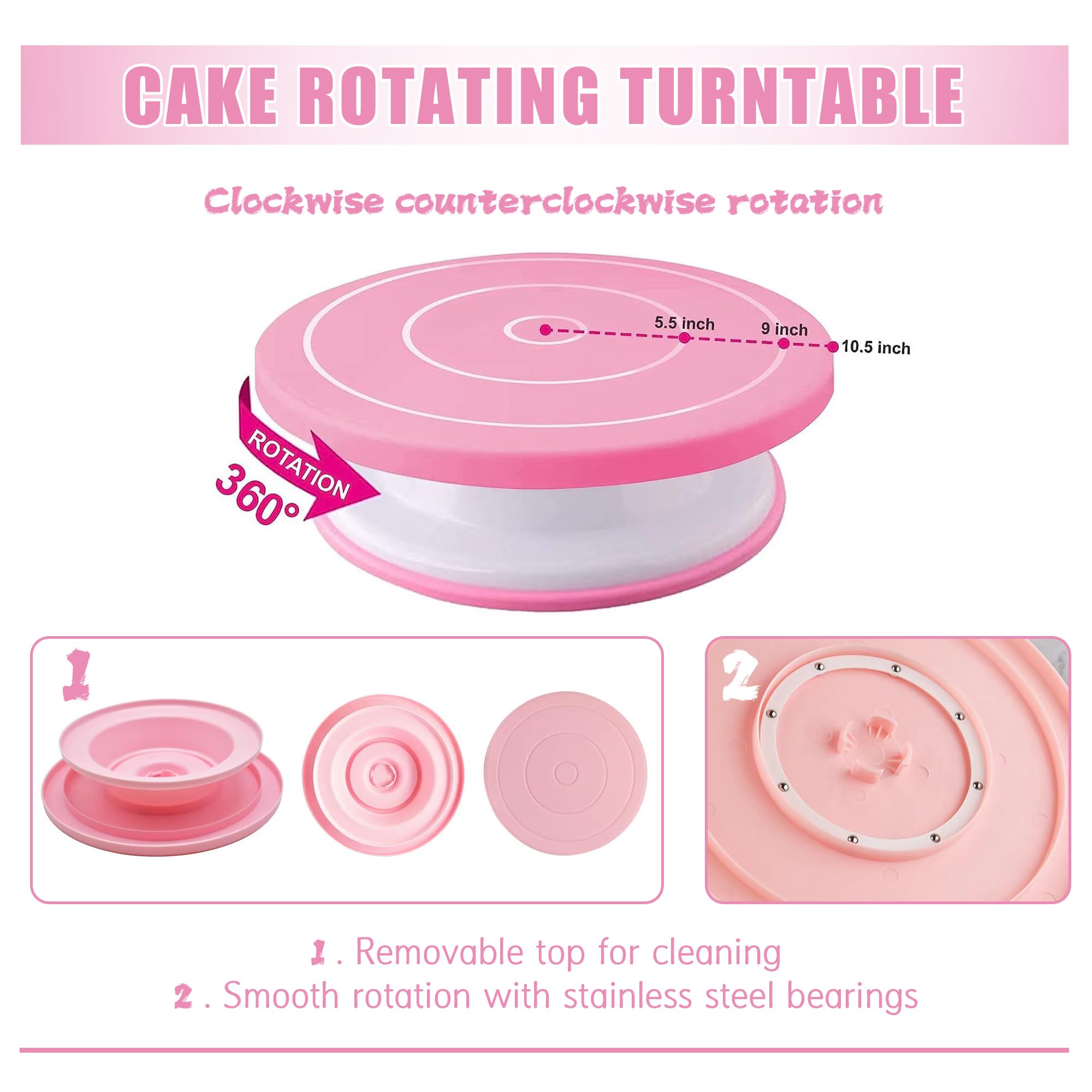 Kuchendekorationszubehör-Set, 255-teilig, Kuchendekorationsset mit Kuchen-Drehteller, 12 nummerierte Spritztüllen, Ausstechformen, Zuckerguss-Glätter und anderes Zubehör für Kuchendekoration (255