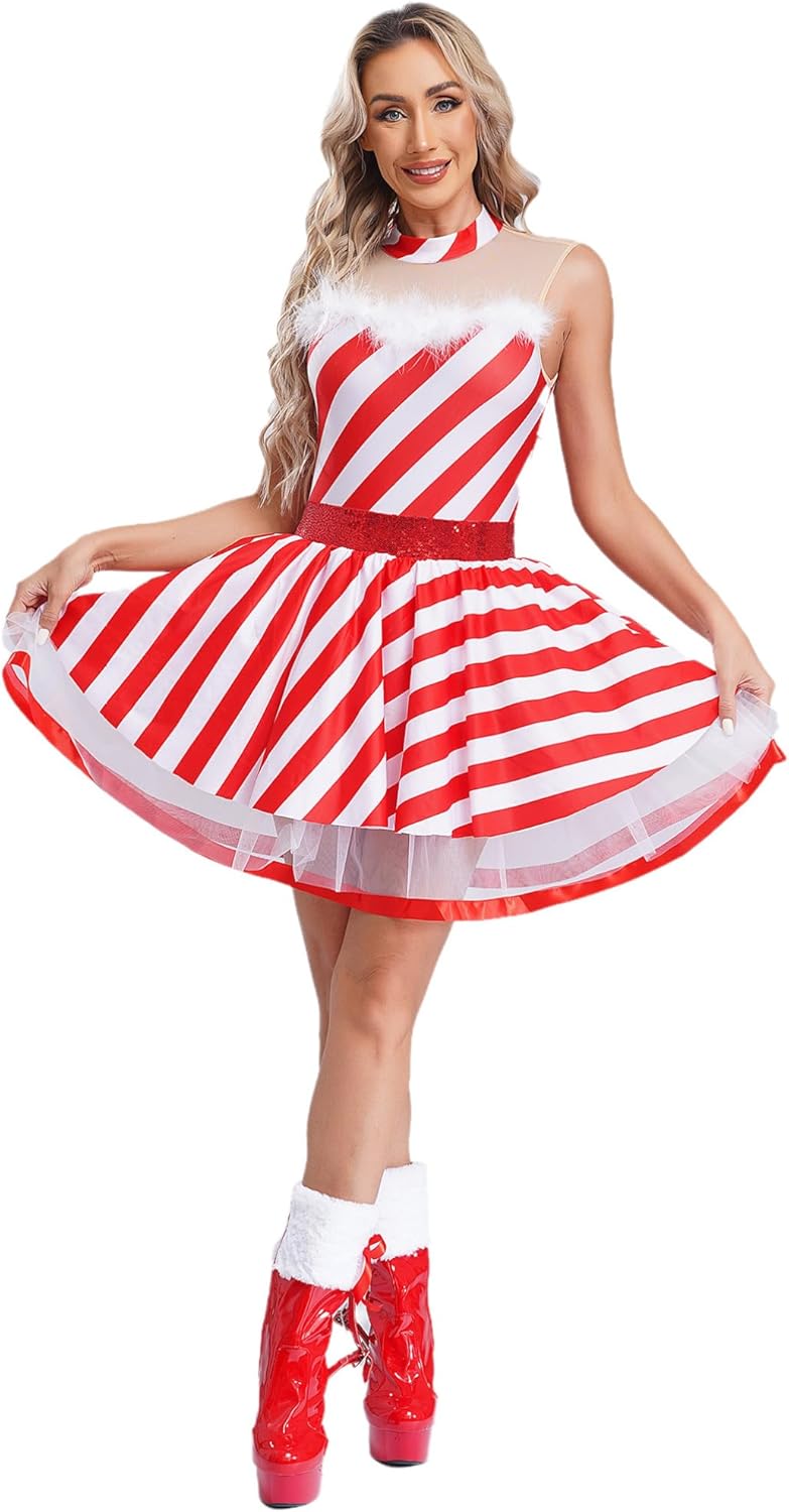 Women Sleeveless Dance Figure Skating Bodysuit Tutu Dress Christmas Party Candy Cane Costume