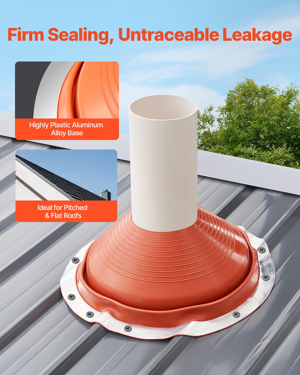 VEVOR Guarnizione per Tubo del Tetto, per Tubi con Diametro Esterno 254-483 mm, Guarnizione Flessibile in Silicone Temperatura -74℃-225℃, Base in Metallo Rosso Rotondo, per Camino Tubo Sfiato Esterno