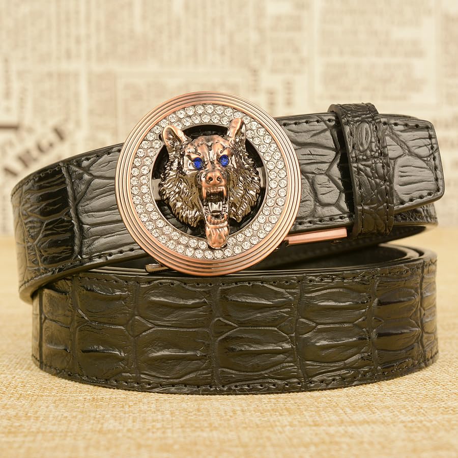 Men's Western Crocodile Embossed Ratchet Belt - Holeless Automatic Buckle With 3D Gold Wolf Head3