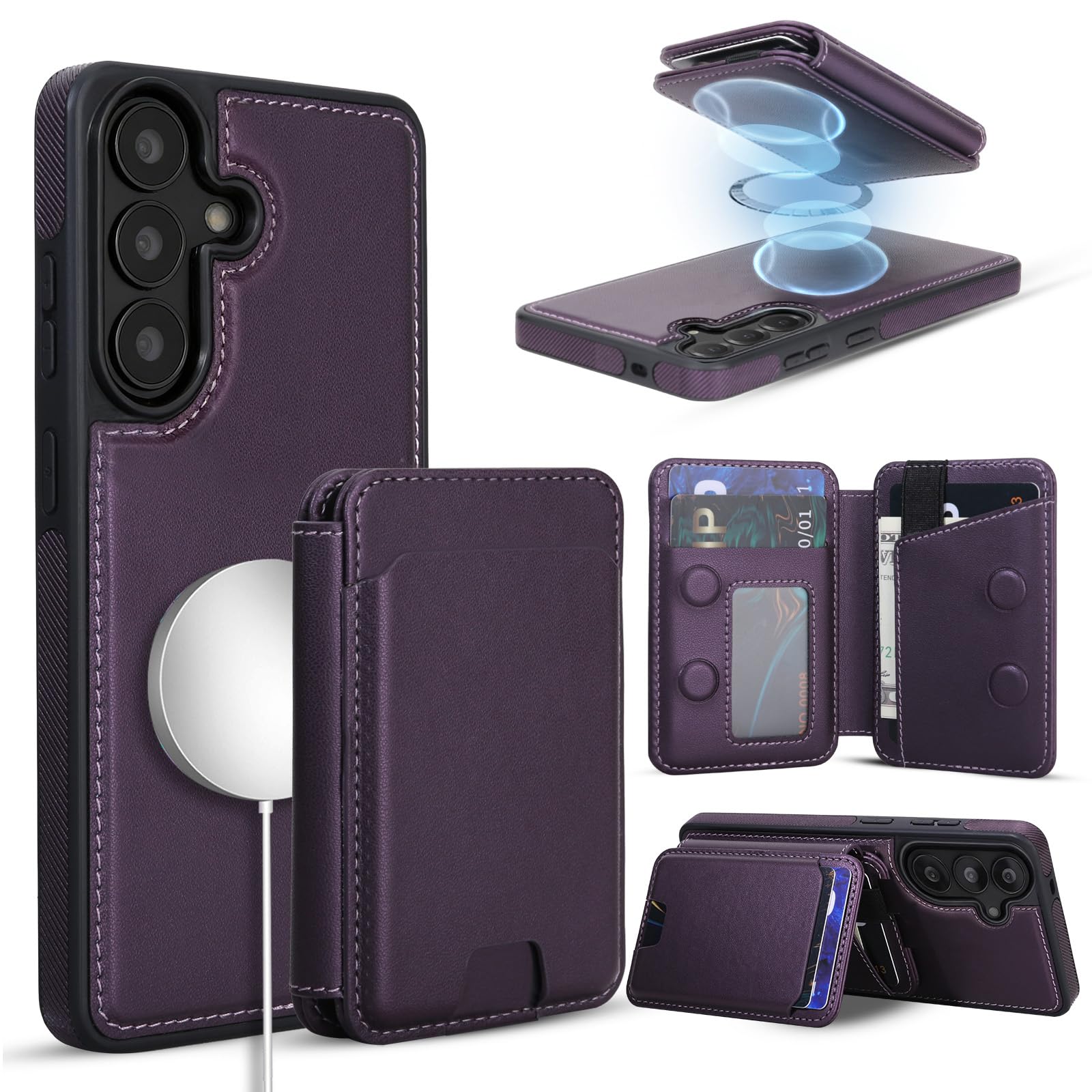 Magnetic Detachable Wallet Case for Samsung Galaxy S24 Plus with Kickstand,2-in-1 MagSafe Compatible RFID Blocking Card Holder,Slim PU Leather Cover Purple