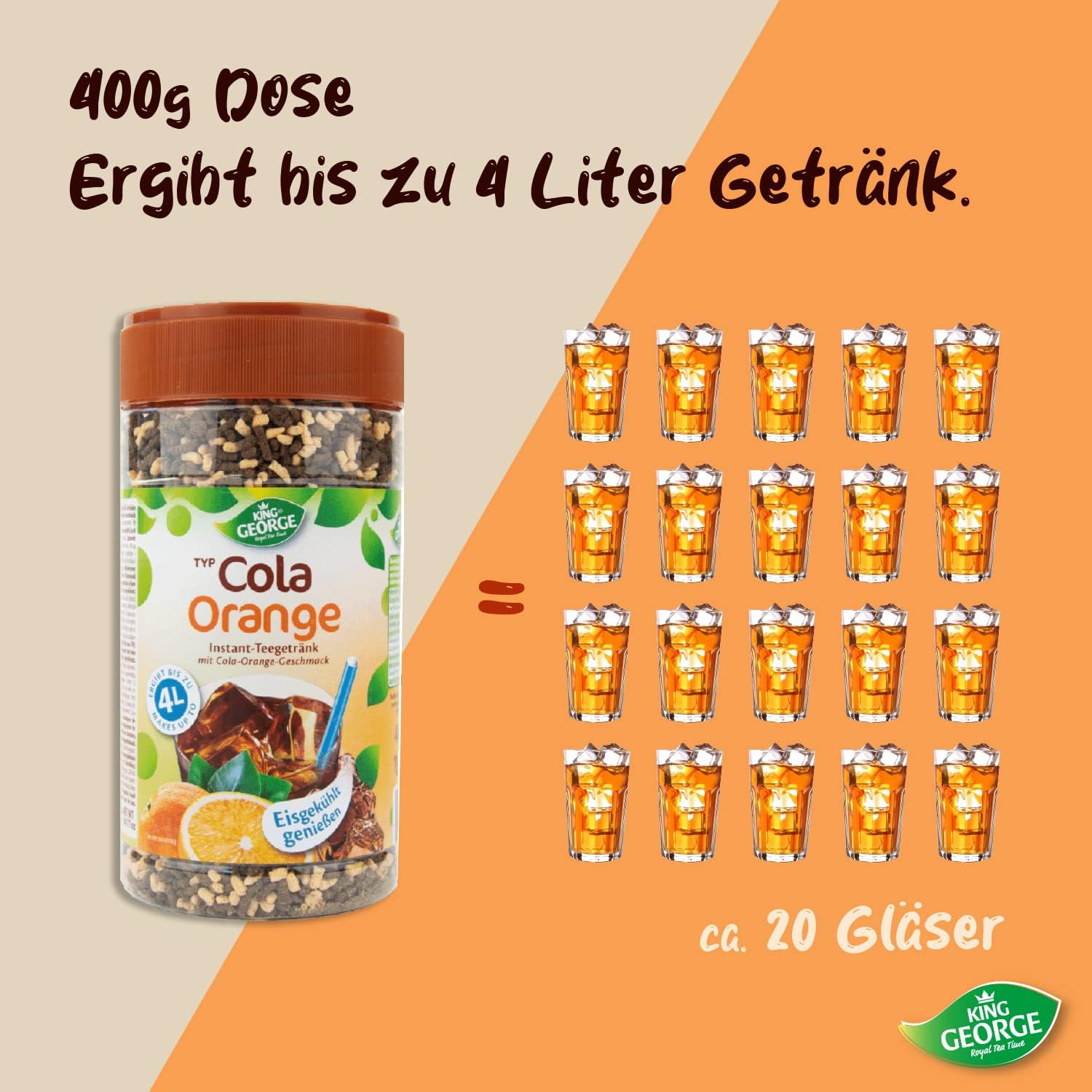 KING GEORGE - Cola Orange Instant tè freddo bevanda 12 x 400 g di piacere rinfrescante, tè istantaneo alla briciola – bevande in polvere, bevande analcoliche per la casa, il compleanno, le feste