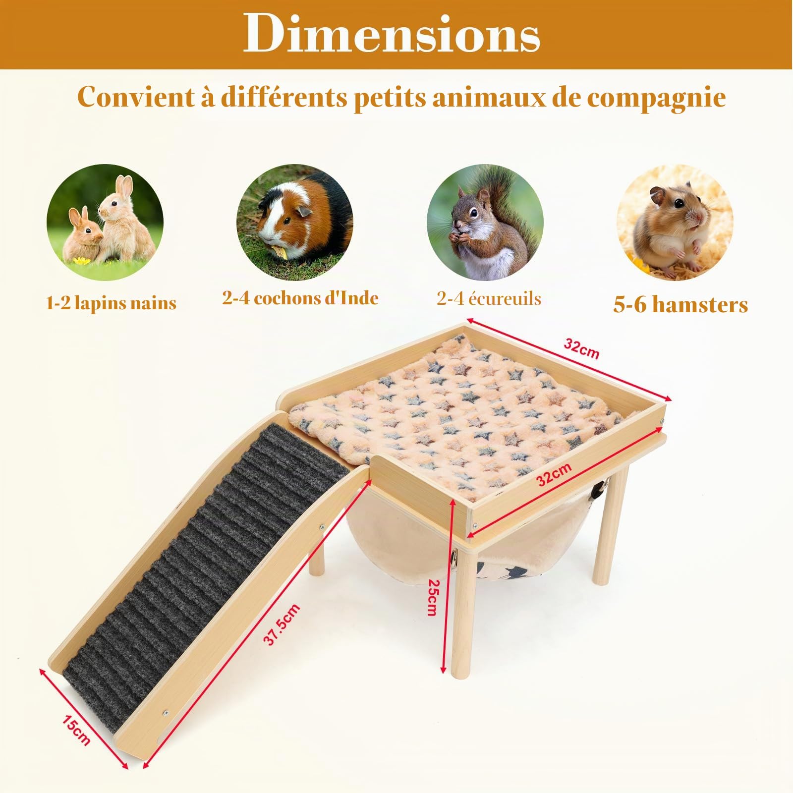 Maison Cochon d'Inde avec Rampe et Hamac, Naturel Cabane Lapin Intérieur, Cachette en Bois Petits Animaux de Compagnie, Hamsters Nains, Chinchilla