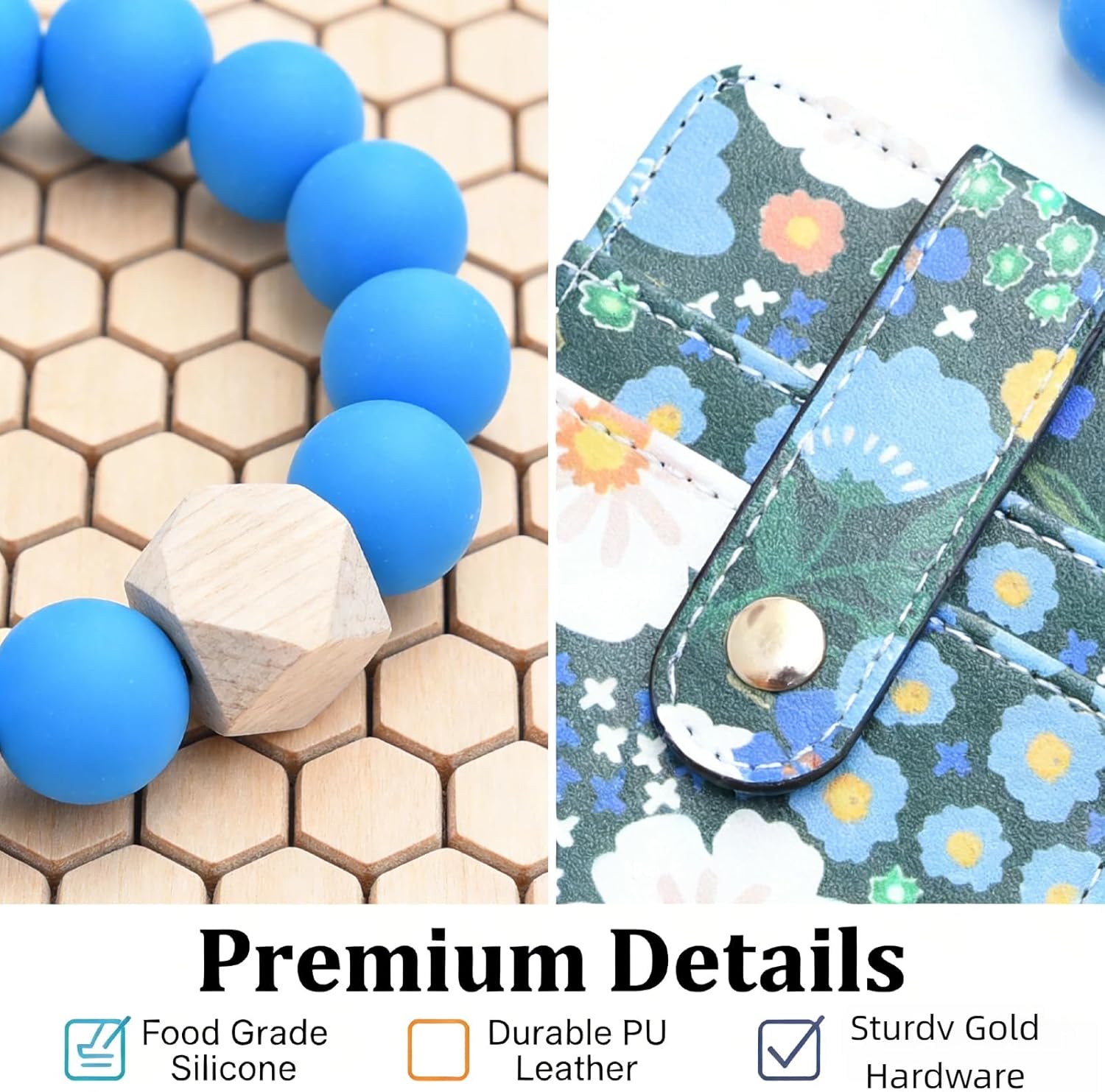 Flower Keychain Wristlet Wallet for Women, Cute Silicone Beaded Credit Card Holder Key Ring Bracelet Wallet - Image 4