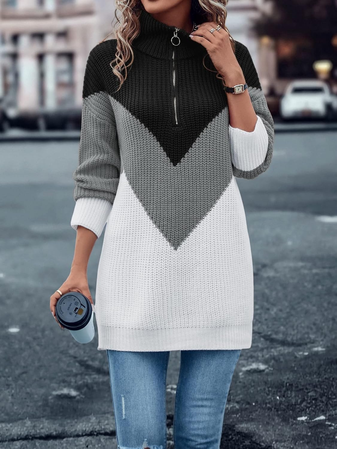 Sweater Womens Sweater Color Block Drop Shoulder Zip Half Placket Sweater (Color : Multicolor, Size : Large)