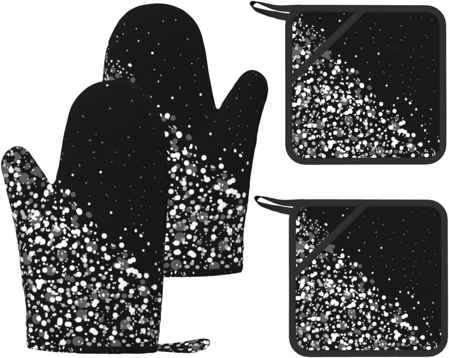 Black White Glitter Oven Mitts and Pot Holders Set of 4 Heat Resistant Kitchen Gloves with Silicone Palm Hot Pads for Baking Cooking Grilling BBQ