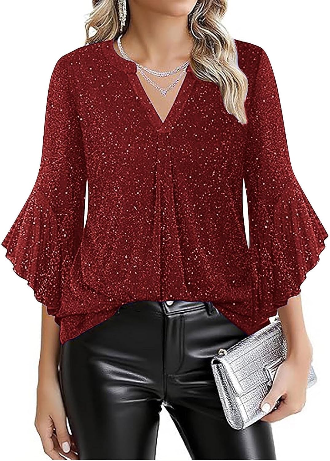 Women's Ruffle 3/4 Sleeve Sparkly Tops Sequin V Neck Blouses Dressy Fall Shirt Chiffon Tunic Formal Business Shirts