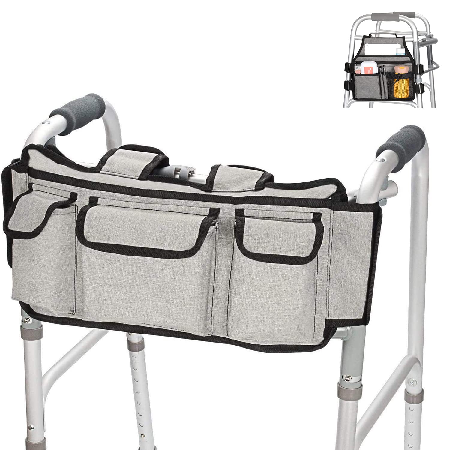 supregearGrey Walker Bag and Side Walker Bag Bundle, 1 Walker Organizer Pouch Tote with 1 Walker Side Bag Organizer Pouch with Handle for Walker Rollator Scooters Wheelchair