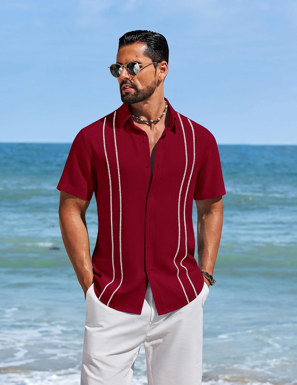 COOFANDY Men's Cuban Guayabera Shirts Button Down Short Sleeve Linen Shirt