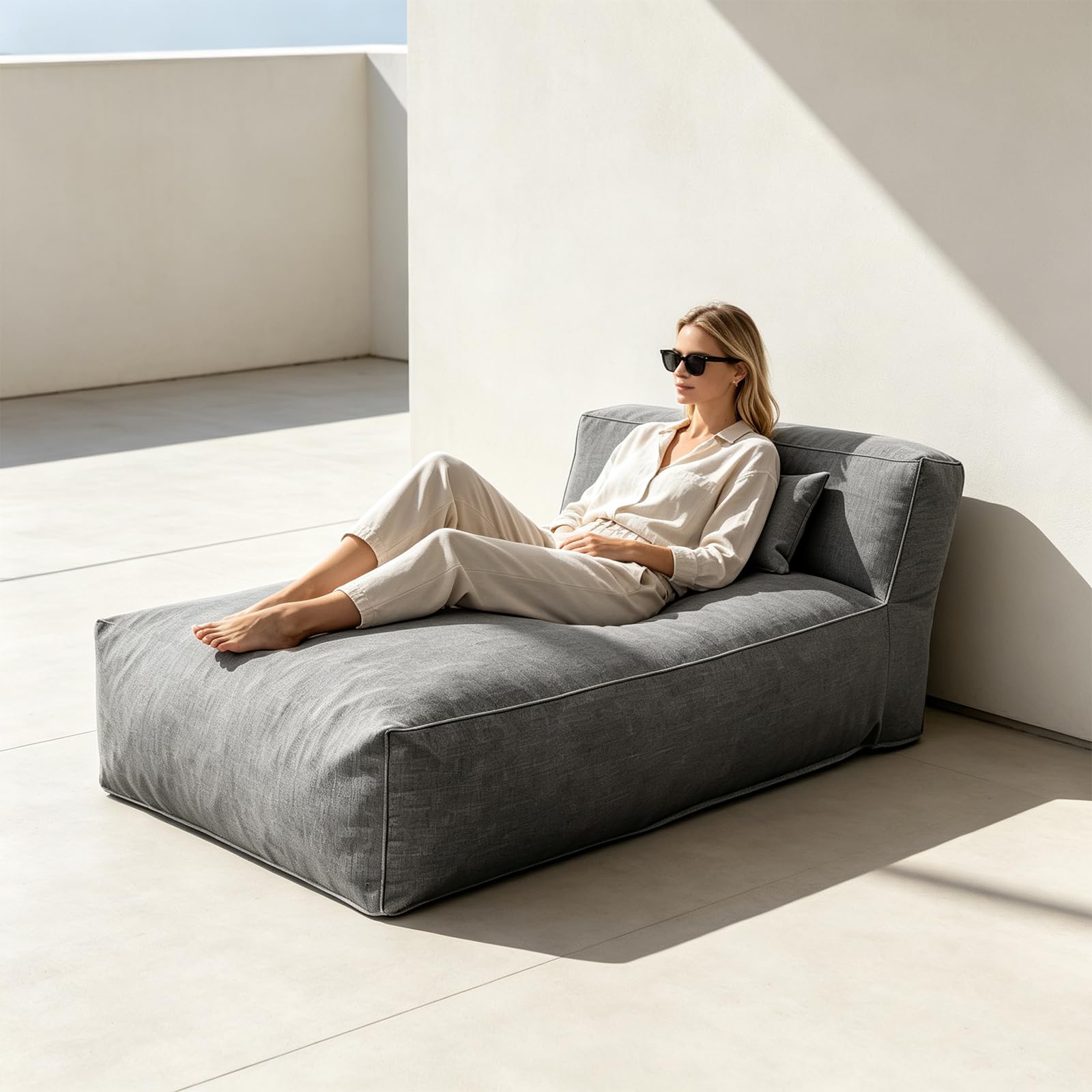 Funda para puf de exterior en forma de cama (sin relleno), funda de asiento de lino y algodón resistente al agua para piscina, patio y jardín, solo funda de repuesto (beige polvo)