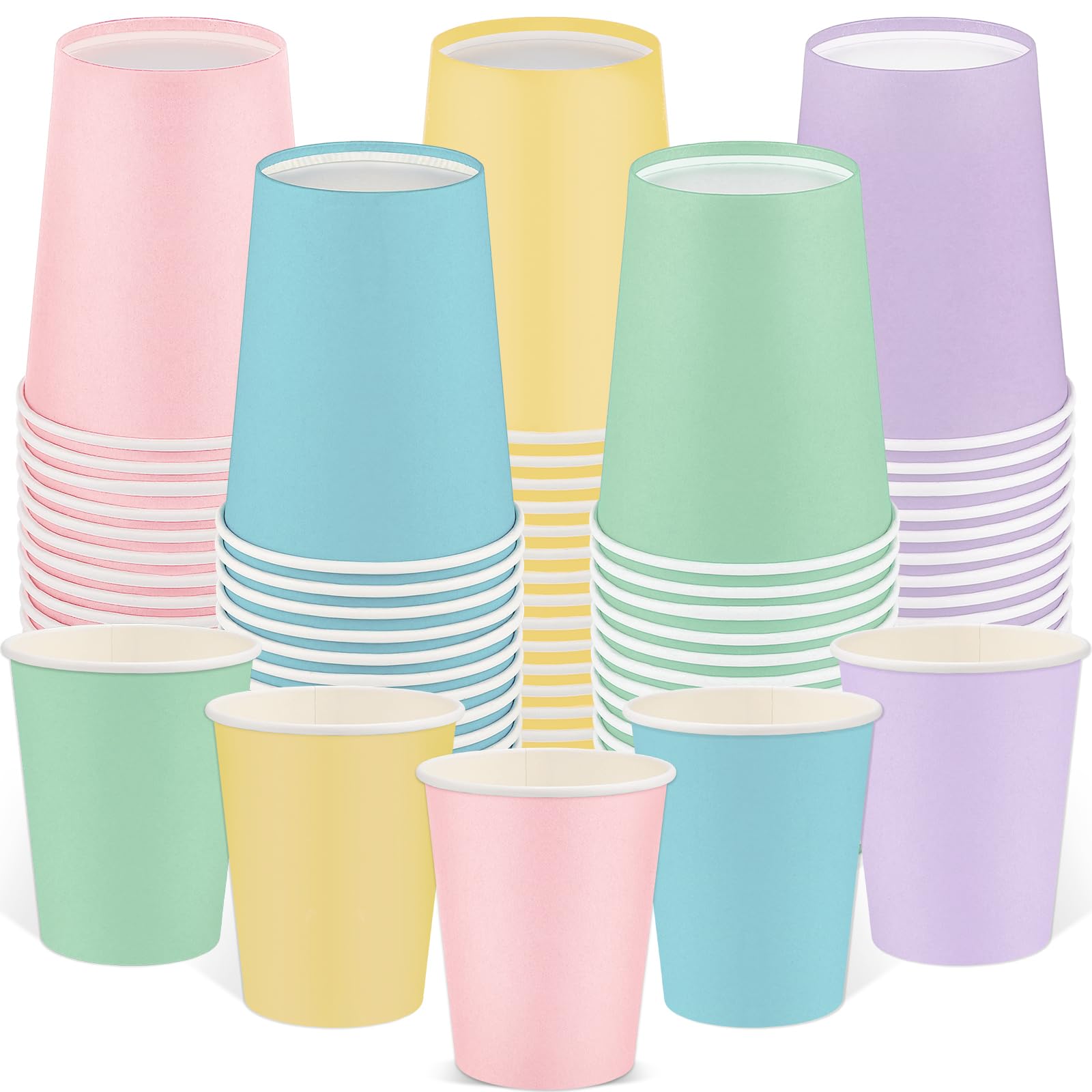 NatNarr 100 Pack Pastel Paper Cups, 9oz Pastel Party Cups Rainbow Paper Cup, Disposable Colored Cups Bulk for Kids Birthday Holiday Party Supplies, 5 Colors