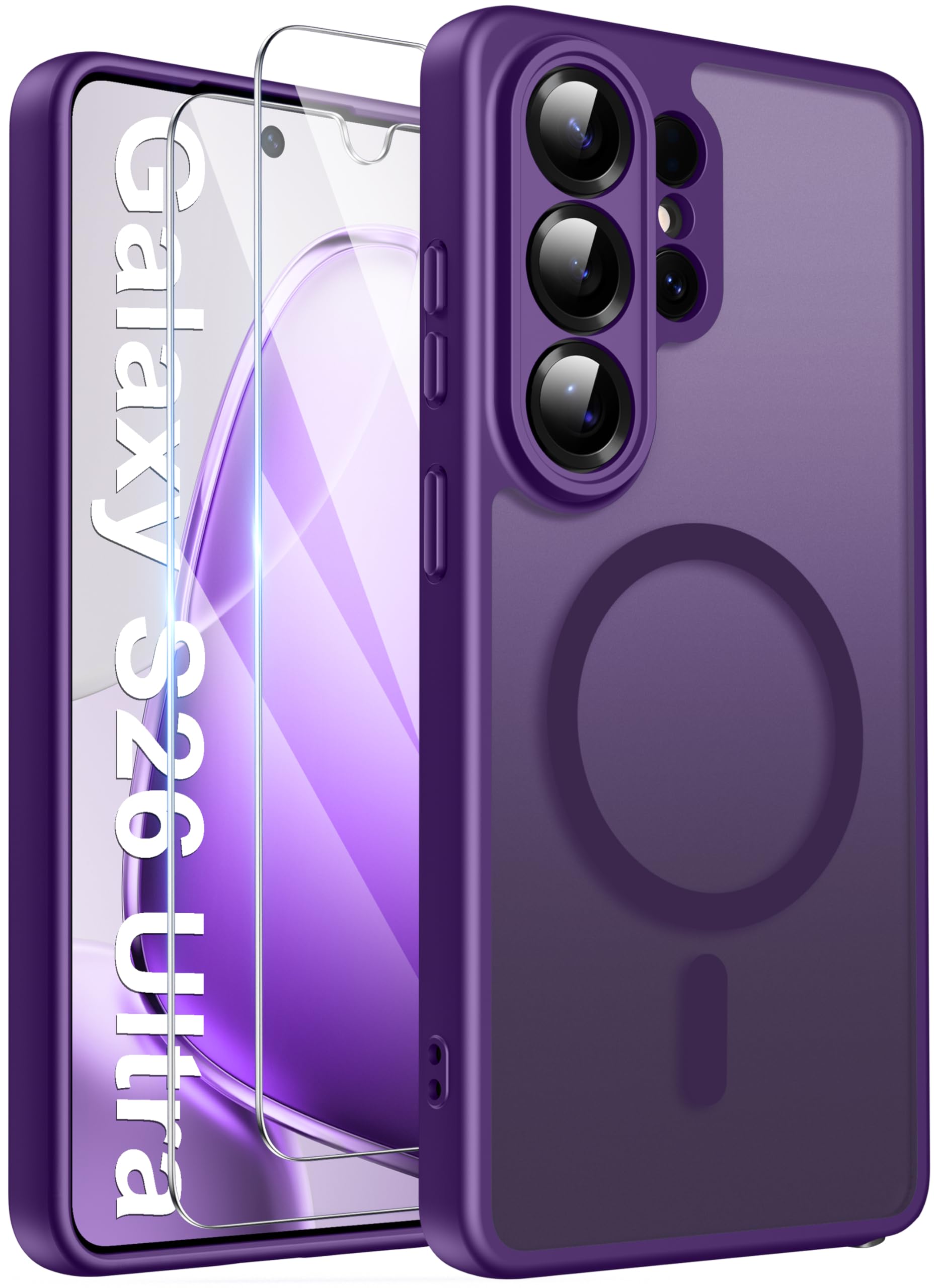 Opkiegrn für Samsung Galaxy S25 5G Hülle, Kompatibel mit MagSafe mit 2 Stück Panzer Schutz Glas Folie, KameraSchutz Folie Stoßfest Kratzfest Transluzente Matt Handyhülle für Samsung S25, Grau