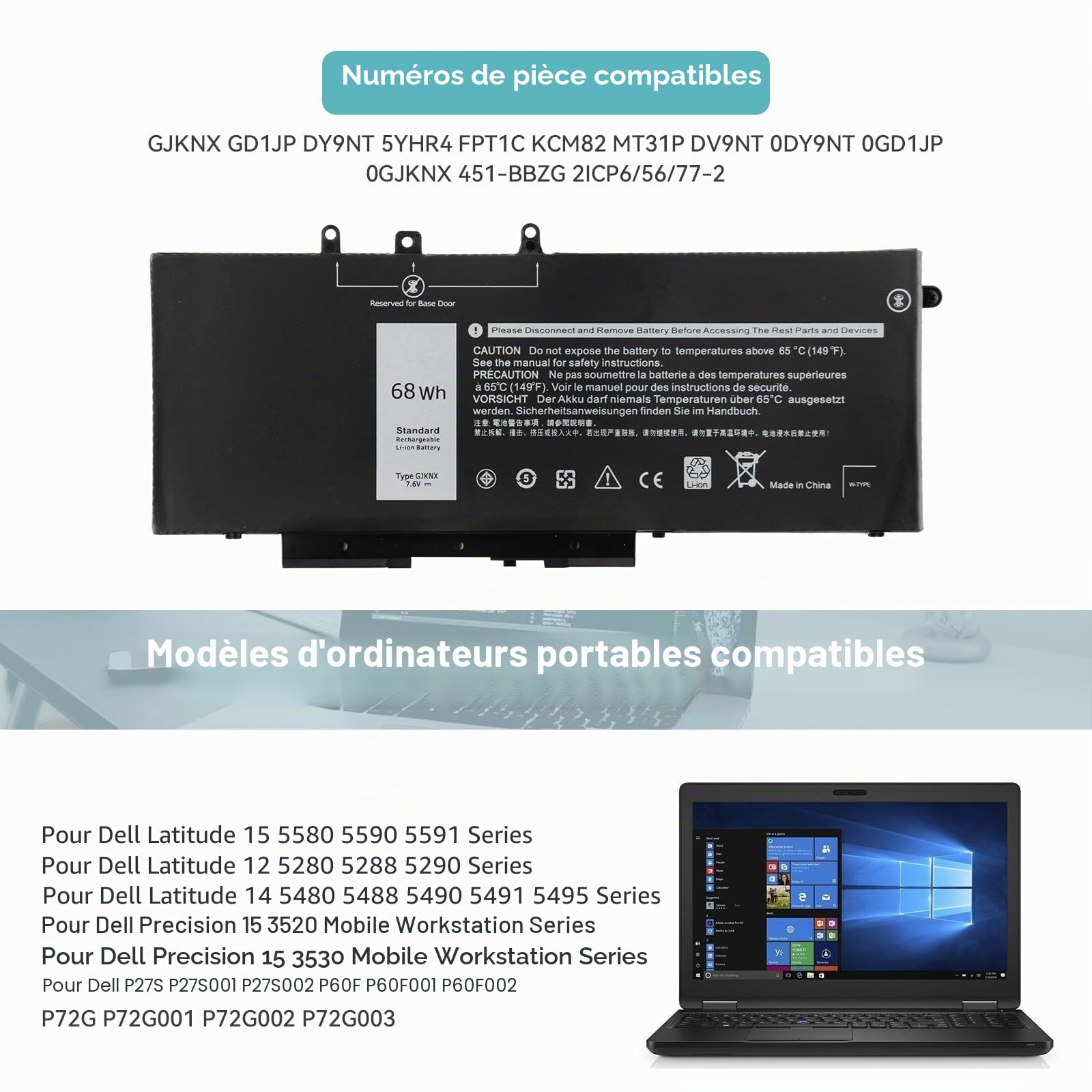 68Wh GJKNX Batterie pour Dell Latitude 5280 5288 5290 5480 5488 5490 5491 | 5495 5580 5590 5591 Precision 3520 3530 Mobile Workstation GD1JP DY9NT 5YHR4 FPT1C KCM82 MT31P DV9NT 451-BBZG P60F P72G P27S
