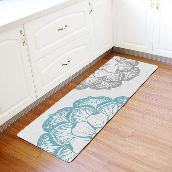 Amazon キッチンマット 台所マット Pvcマット はっ水加工 サッと拭ける 北欧 おしゃれ 抽象 ダリア 花柄 青い グレー 45x1 Cm ロング 防水 防汚 滑り止め ズレにくい 速乾 お手入れ簡単 キッチン オフィス 室内 室外に対応 廊下敷き玄関マット Leo Bon