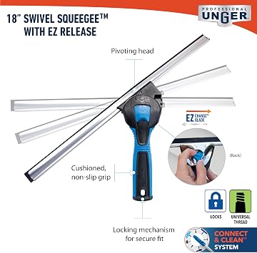 Unger Professional Connect & Clean 18 Window Scrubber Washer for Glass Cleaning and 18 Window and Glass Cleaning Squeegee with EZ Change, Swiveling Head for Corners and Edges
