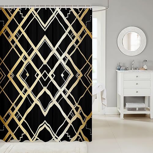 Miniatura 2 de Erosebridal Cortina de ducha geométrica con patrón de rayas negras y doradas, juego de cortina de ducha para niños, niñas y adultos, 72 pulgadas de