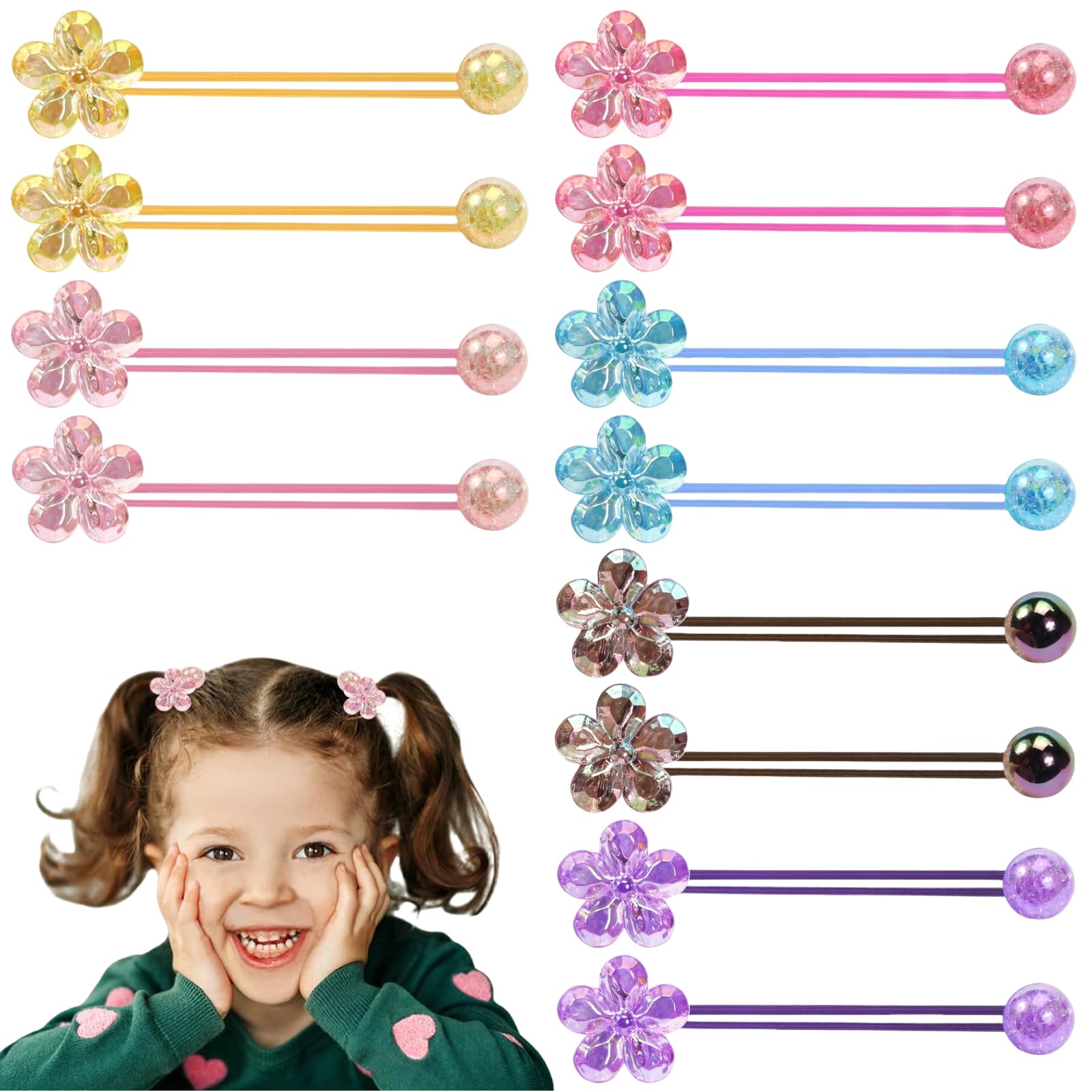 Yeomju 12-Piece Ball Charm Hair Ties for Girls Colorful Camellia Pearl Ponytail Beads with Balls, Damage-Free, Suitable for All Ages