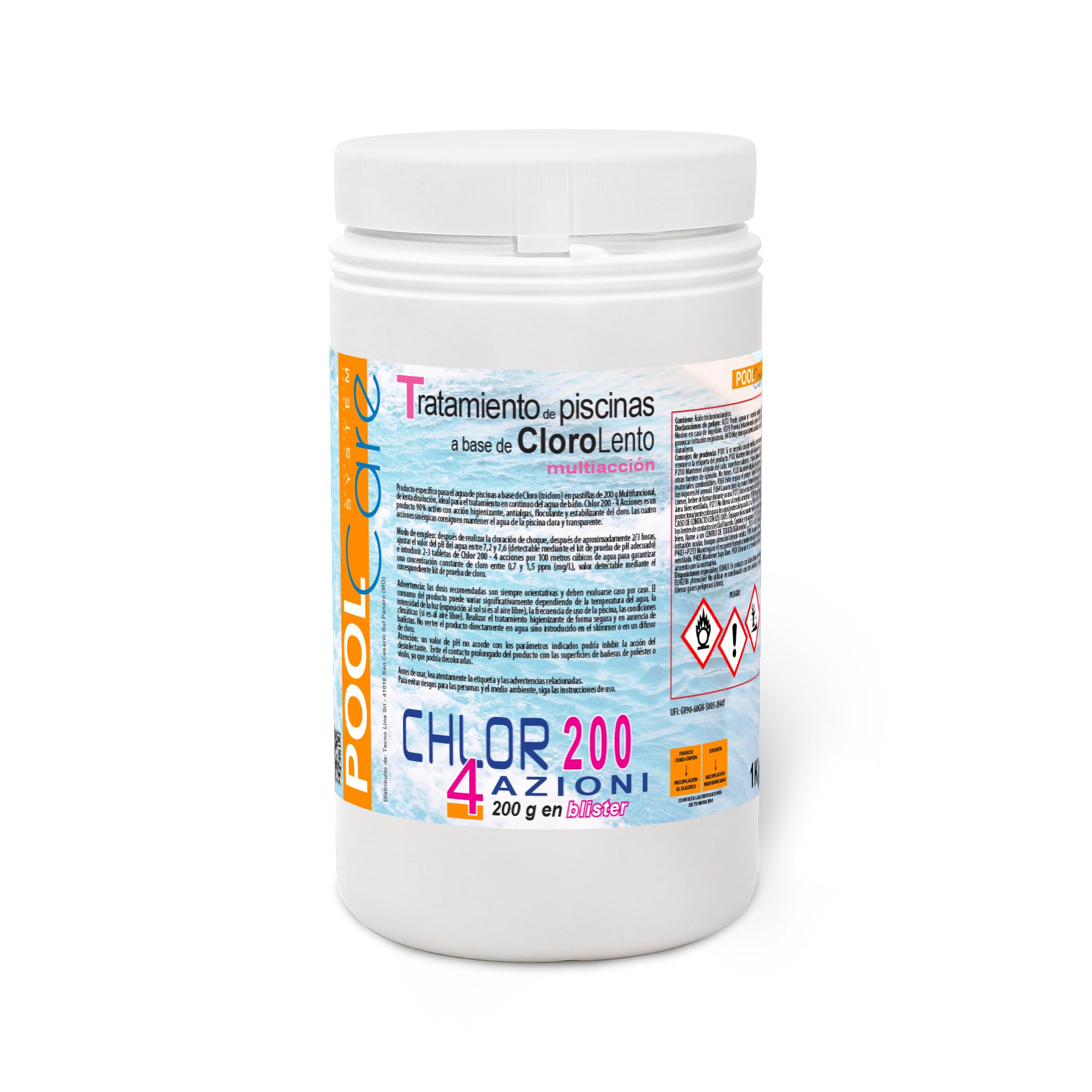 Pool Care CHLOR 200 4 Azioni, Multiazione in Pastiglie da 200gr - (1+1) 2Kg | Cloro Multifunzione, Attivo al 90%, a Lenta Dissoluzione, per Piscina e Spa Idromassaggio