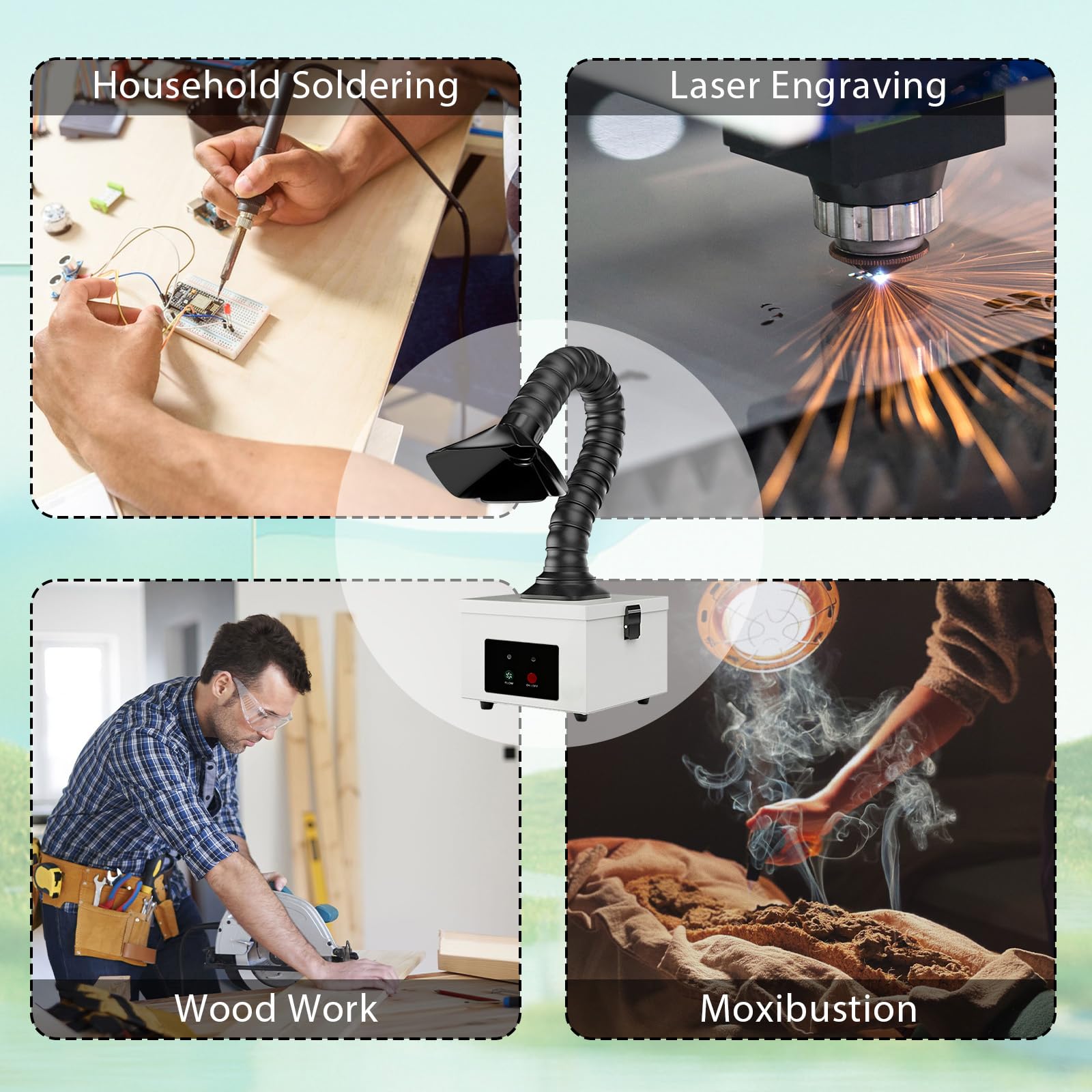 Aspirateur de fumée 45W avec filtre complexe 2-en-1, extracteur de fumée de bureau 207 m³/h, avec 4 pré-filtres, purificateur portable pour fumées de soudure, vapeurs laser et particules fines (Blanc)