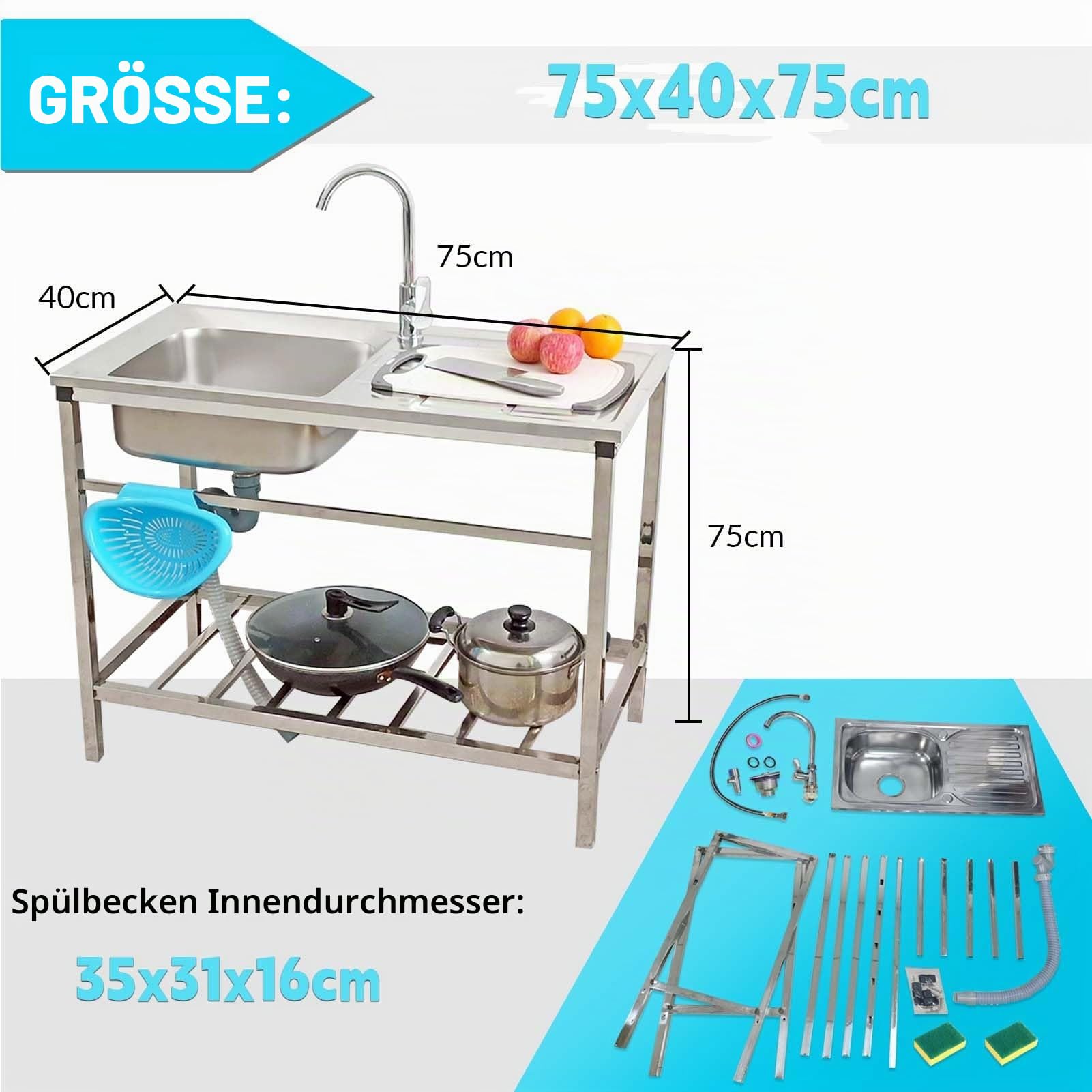 Spüle Outdoor Camping Waschbecken Mobiles Edelstahl Freistehende Küchenspüle Werkstatt Spültisch Garten Spülbecken Mit Armatur & Unterschrank Draußen Außenküche Waschtisch