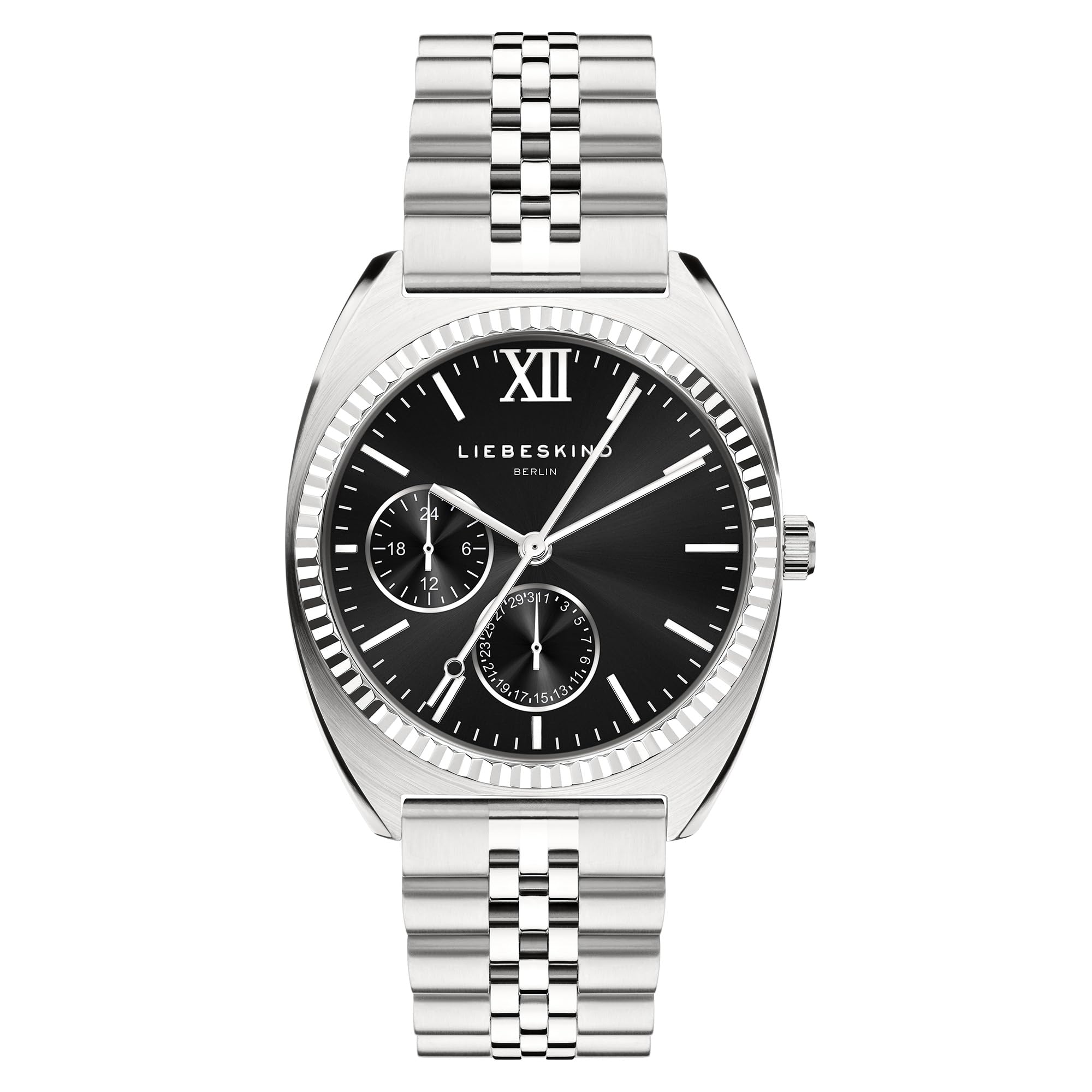 Liebeskind Berlin Set - Silberne Damenuhr mit schwarzem Zifferblatt und passendem Beads-Armband - Silber - Edelstahl - Analoge Armbanduhr mit Quarzwerk - 34 mm - 10 ATM - Kratzfest