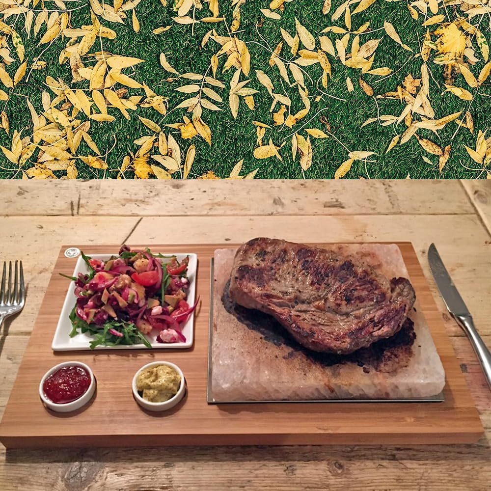 Steak and salad served on a wooden board with a Himalayan Salt Block