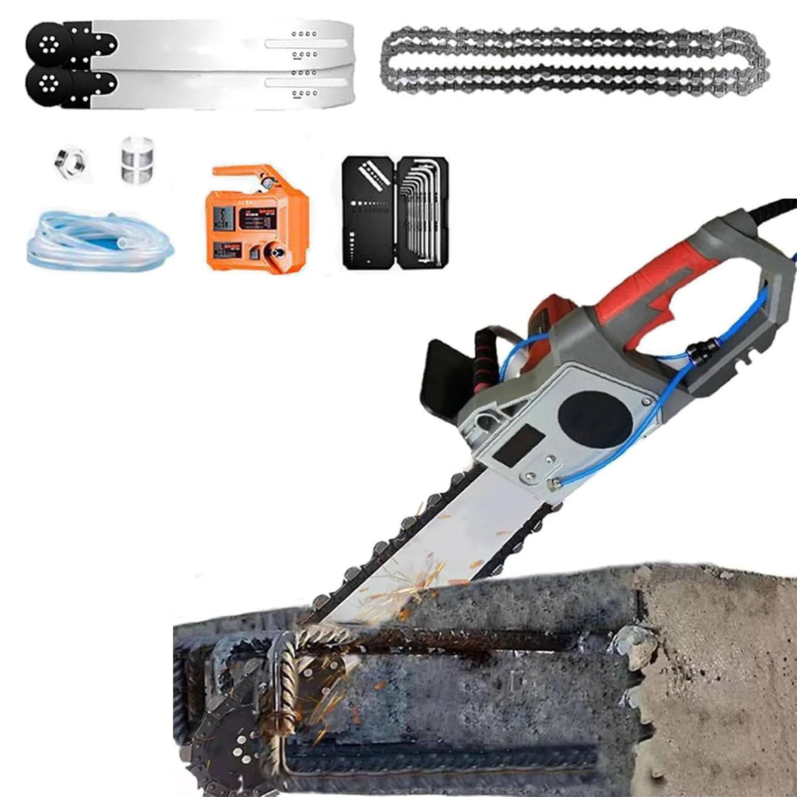 SENJINGHUA Handheld Brushless Chainsaw,Electric Concrete Chain Saw,Diamond Chain Wall Cutte With Water Fed Dust Suppression,With 2 Chains/2 Guide Bar,350