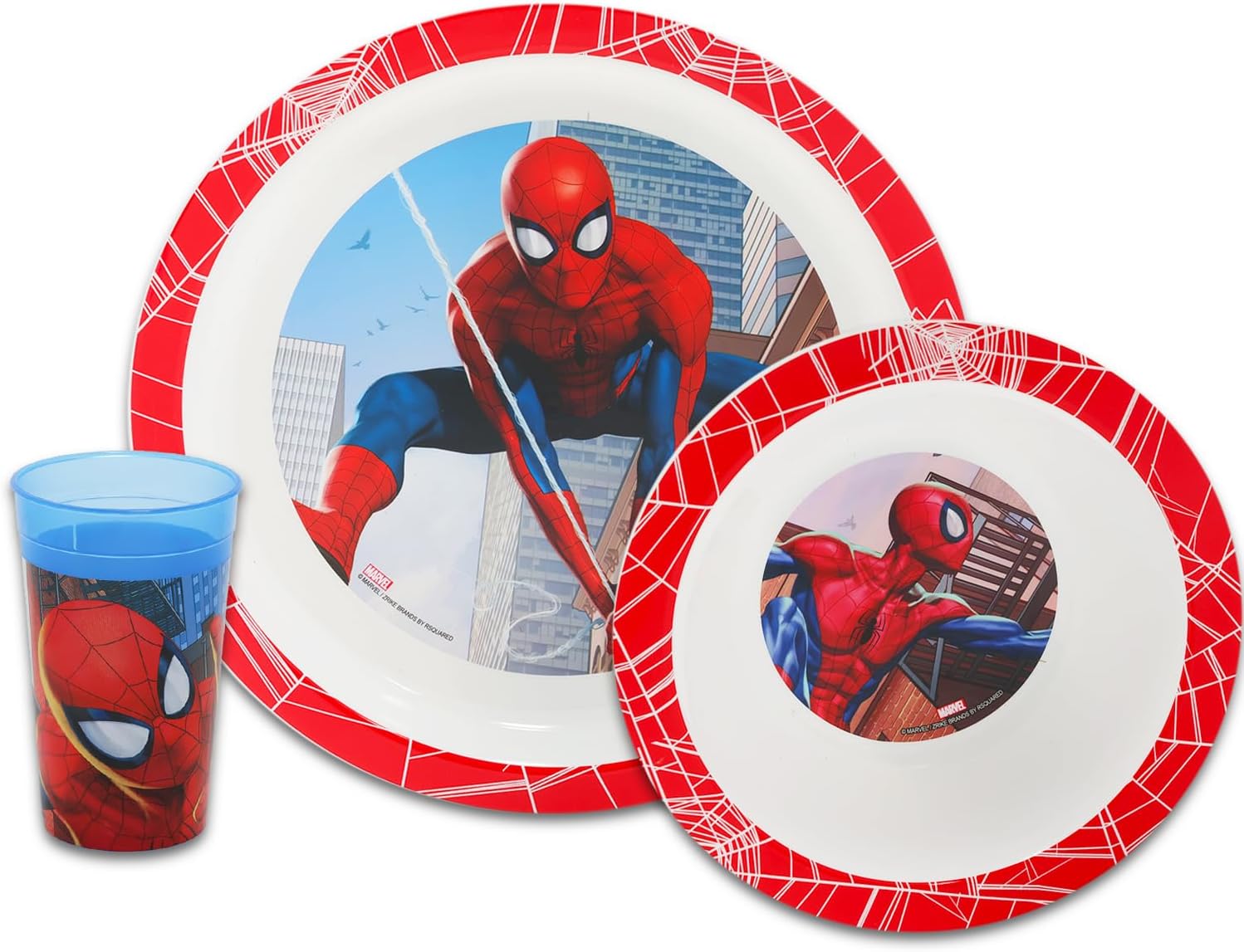 Spiderman Dinnerware Set for Kids, Toddlers - 3 Pc Kitchen Accessories Bundle with Spiderman Dinner Plate, Cup, Stickers, More | Spiderman Flatware Set