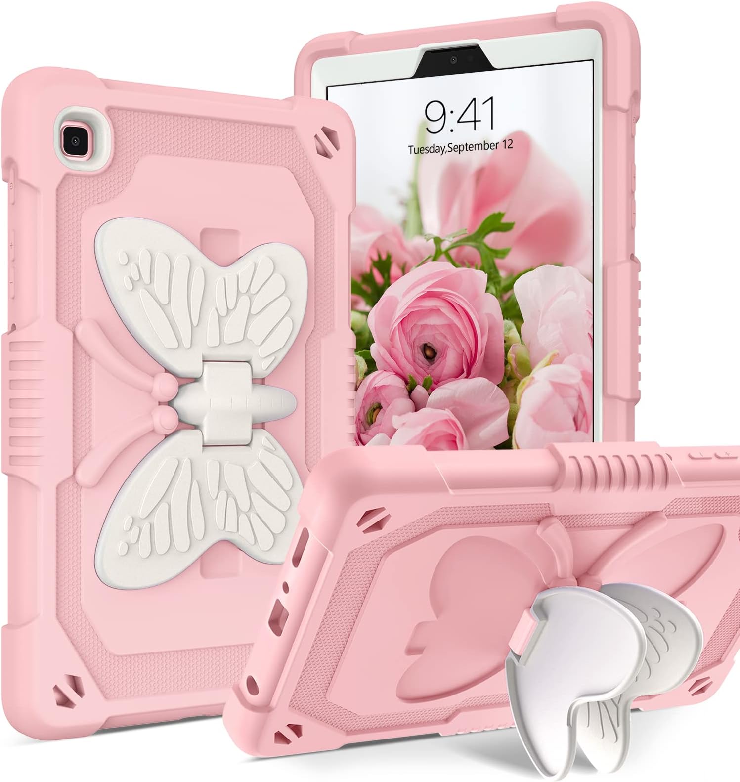 YINLAI Case for Samsung Galaxy Tab A7 Lite, Tab A7 Lite Case 8.7 Inch Silicone Kids Girls with Butterfly Kickstand Shockproof Protective Tablet Cover for Samsung Tab A7 Lite SM-T225/T220/T227, Pink