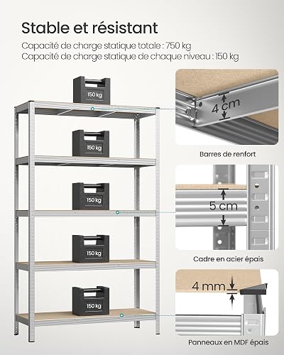 SONGMICS 5-Tier Heavy-Duty Shelving Units, Set of 2 Steel Shelving Units for Storage, Boltless Assembly, for Garage, Shed, Load Capacity 750 kg, 60 x 120 x 200 cm, Silver GLR060E02 - 4
