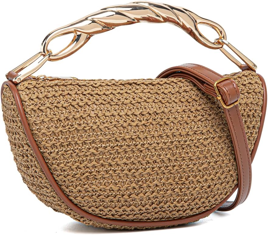 Summer Straw Crossbody Bags For Women Metal Top Handle Purse Designer Beach Handbag Mini Hobo Bag