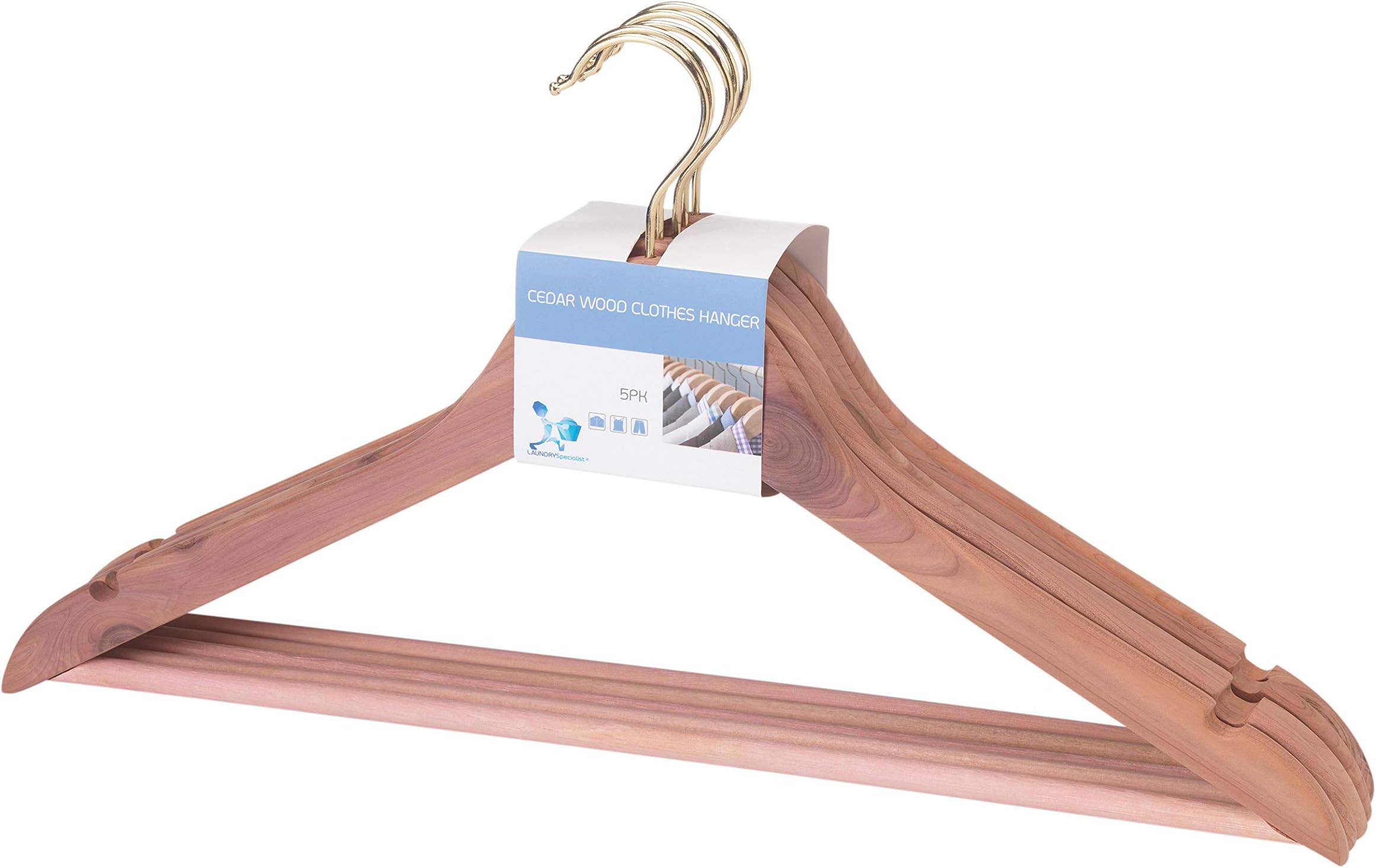 LaundrySpecialist® CEDAR WOOD CLOTHES HANGER set of 5 – Premium quality Cedar Wood clothes hangers to provide natural protection against moths and other insects – Dim. 44.5 x 23 x 1.1 cm