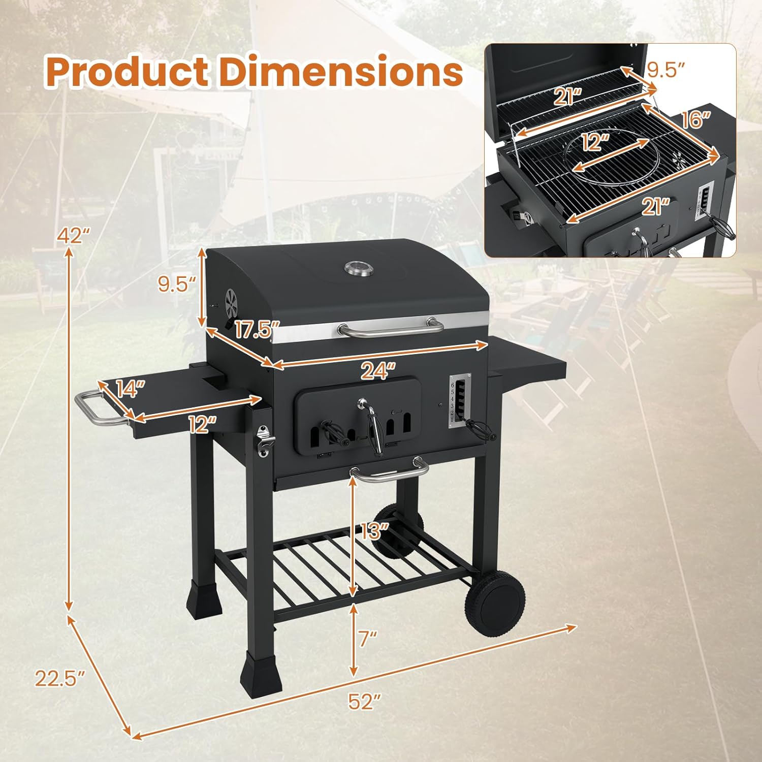 Barrel Charcoal Grill with Side Tables, 544 sq.in Cooking Space, Portable Camping Grill w/Wheels, Charcoal Tray, Pull-out Ash Tray, Thermometer, Outdoor BBQ Grill for Patio, Backyard, Party
