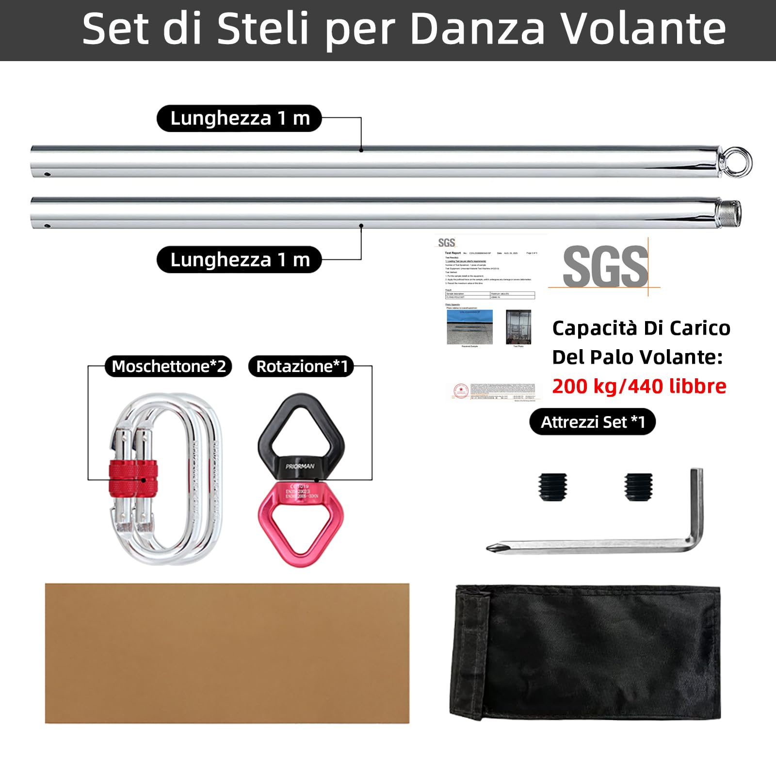 PRIOR FITNESS Palo Pole Dance da Casa 45 mm, Palo Staccabile, Set di Bastoni da Ginnastica Volanti - Ideato per Palestre e Bar Domestici (Portata 150 kg)