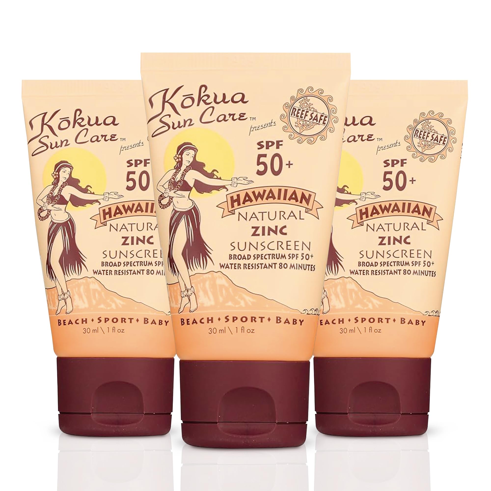 Kokua Sun Care Hawaiian Reef Safe Sunscreen SPF 50 | 1 oz - 3 Pack | Zinc Oxide | Mineral Sunscreen | Face & Body | Moisturizing Sun Protection |