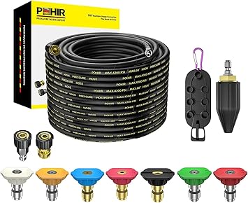 POHIR Pressure Washer Hose 100 ft with 3/8 Inch Quick Connect, Kink Resistant High Tensile Wire Braided, 9 Pack Pressure Washer Nozzle Spray Tips Full Set, Nozzle Tips Set with Nozzle Holder