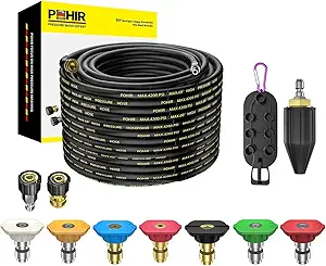 POHIR Pressure Washer Hose 100 ft with 3/8 Inch Quick Connect, Kink Resistant High Tensile Wire Braided, 9 Pack Pressure Washer Nozzle Spray Tips Full Set, Nozzle Tips Set with Nozzle Holder