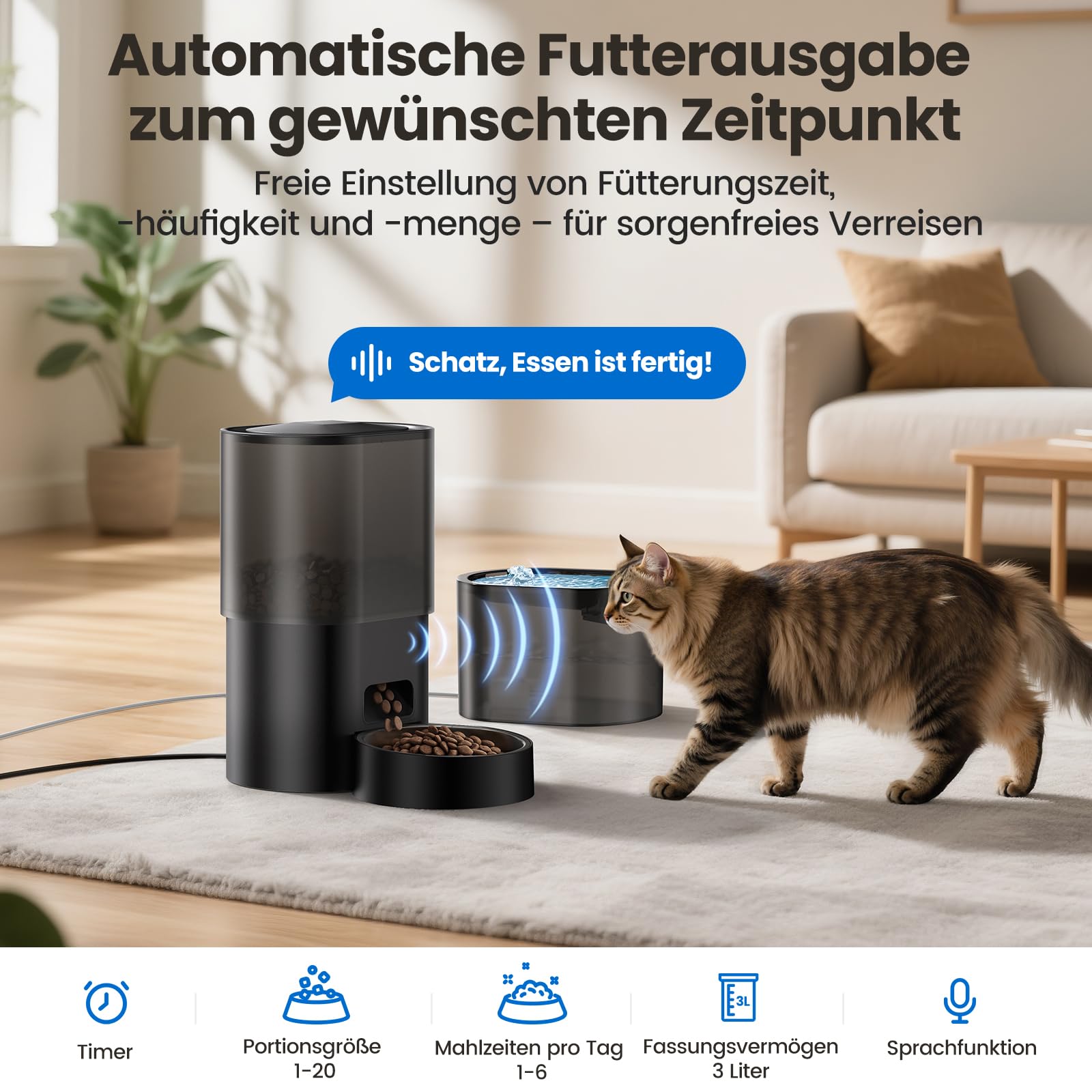 3L Automatischer Katzenfutterspender 2,5L Katzenbrunnen-Set, geräuscharmes App-gesteuertes Fernfütterungsgerät mit 10 Mahlzeiten pro Tag, Anti-Verstopfungs-Design, ideal für Katzen & Welpen