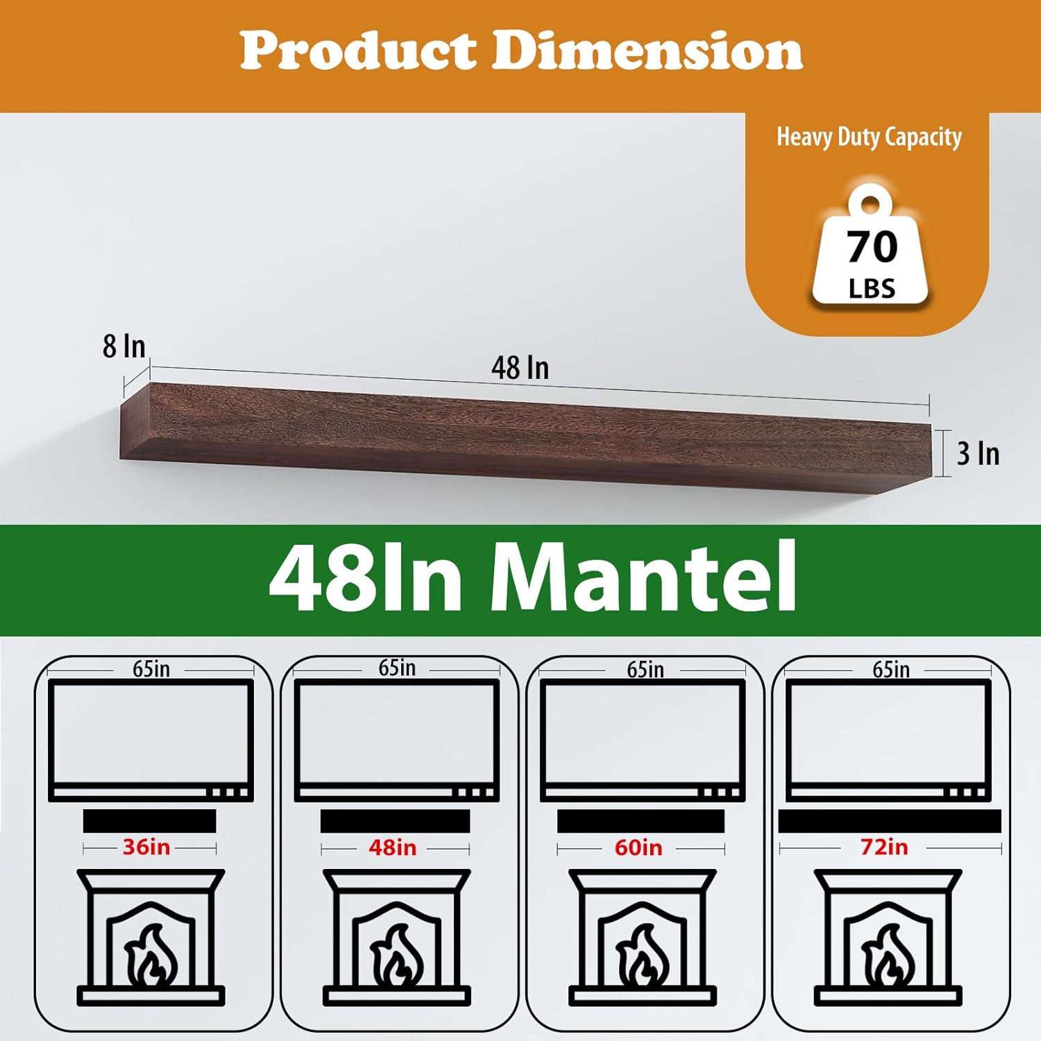 48 Inch Solid Wood Fireplace Mantel Shelf - 70 LBS Capacity, Easy to Install | Modern Farmhouse Floating Shelf with Hidden Brackets, Water-Resistant Rustic Brown for Living Room, Kitchen