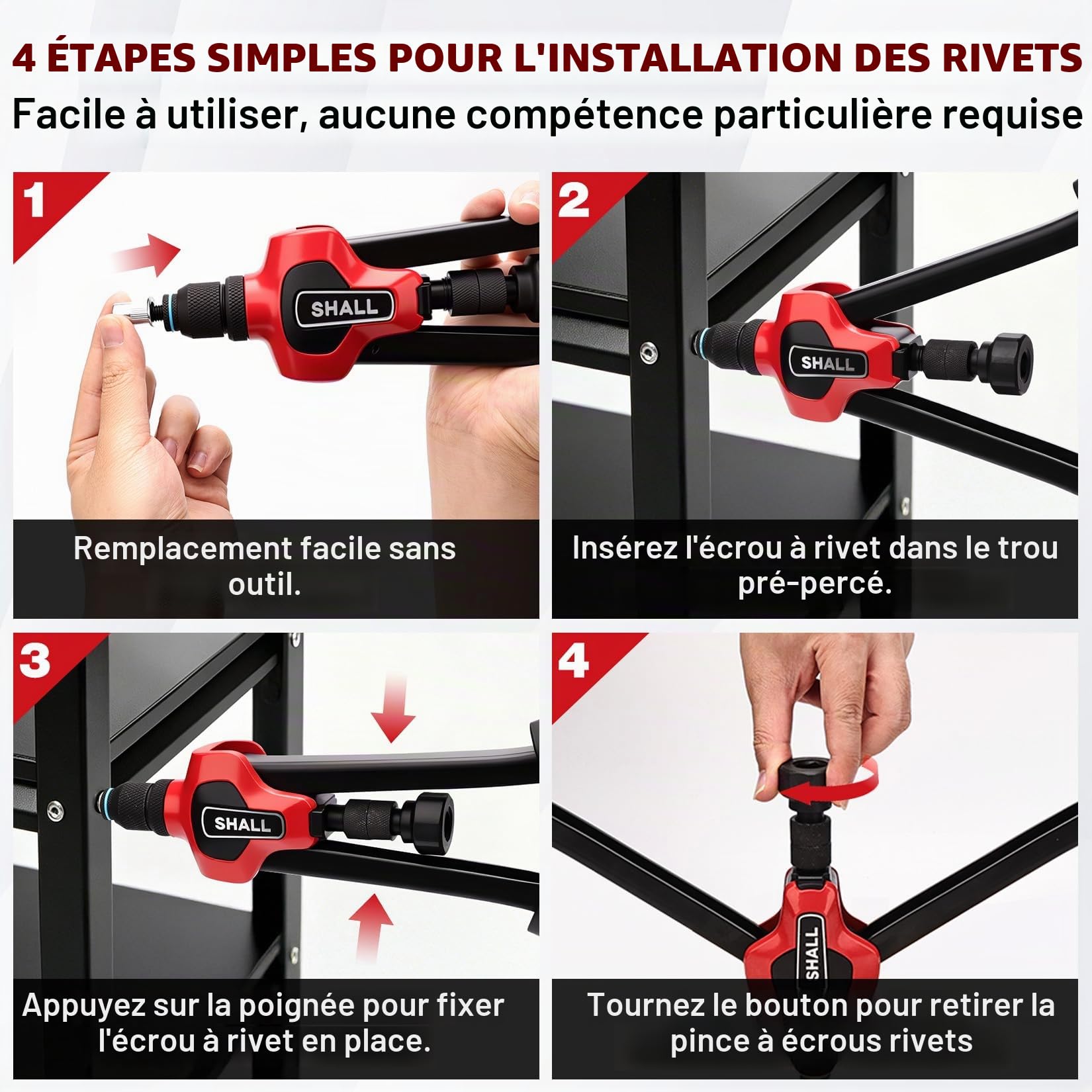 SHALL Kit d'outils d'écrous à rivets, 40,6 cm（16“）, avec 7 mandrins métriques M3 M4 M5 M6 M8 M10 M12 7 mandrins métriques et 70 écrous à riveter, avec boîte de rangement manuelle