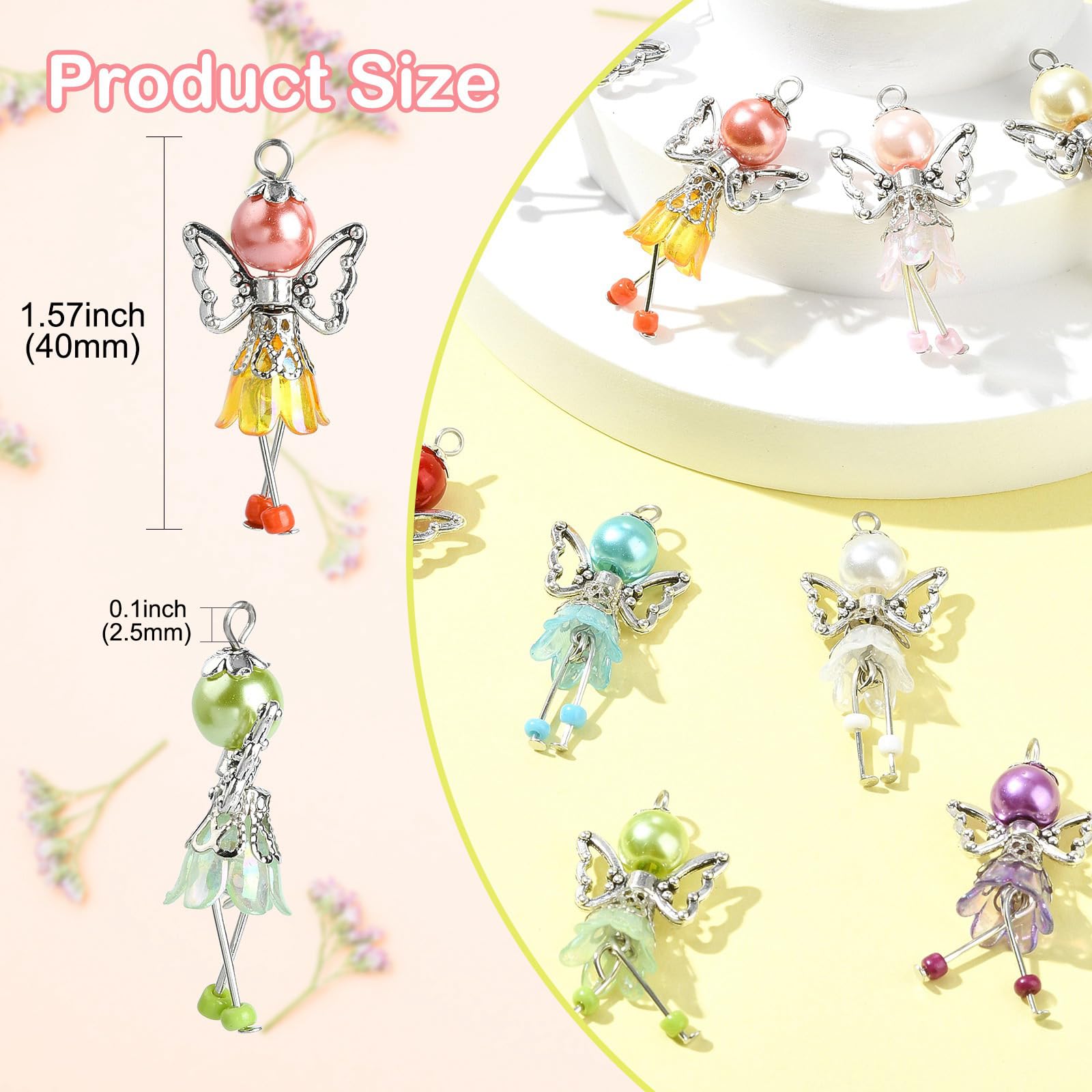 UR URLIFEHALL 50 Pcs 10 Styles Guardian Angel Charms Colourful Round Flower Beads with Fairy Wing Charms for Crafting Jewellery Making Keychain - Image 2