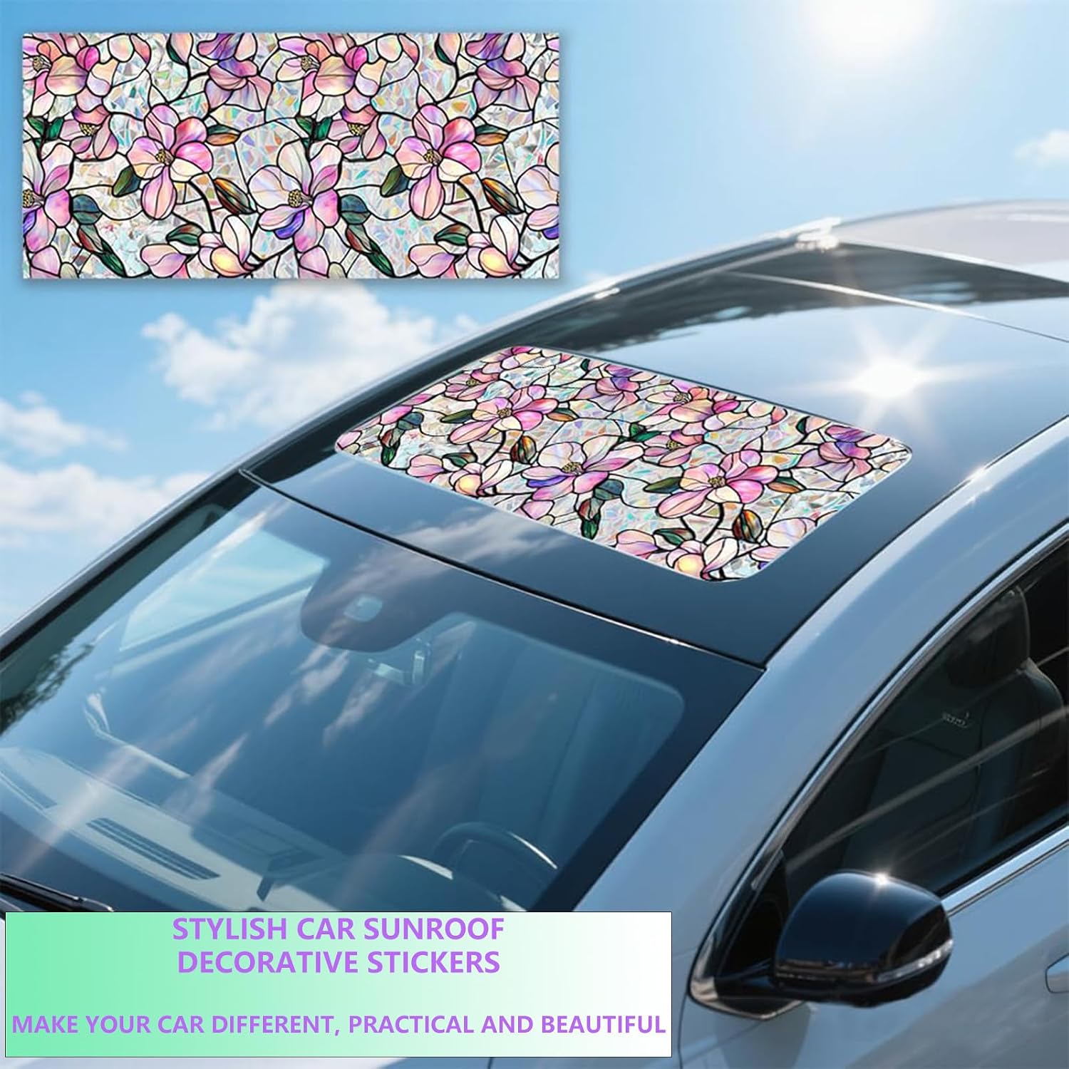 Bloss Purple Magnolia Flower Sunroof Film Decorative, Stain Glass Window Film for Sunroof Glass, Sunroof Windows Decal, Car Sunroof Stained Glass Sticker, Rainbow Floral Window Cling,17x39.4Inch
