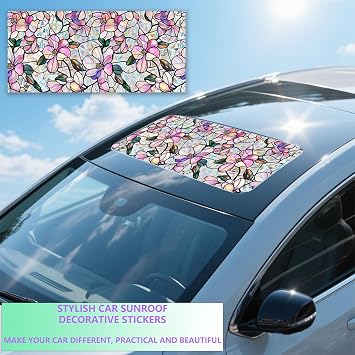 Bloss Purple Magnolia Flower Sunroof Film Decorative, Stain Glass Window Film for Sunroof Glass, Sunroof Windows Decal, Car Sunroof Stained Glass Sticker, Rainbow Floral Window Cling,17x39.4Inch