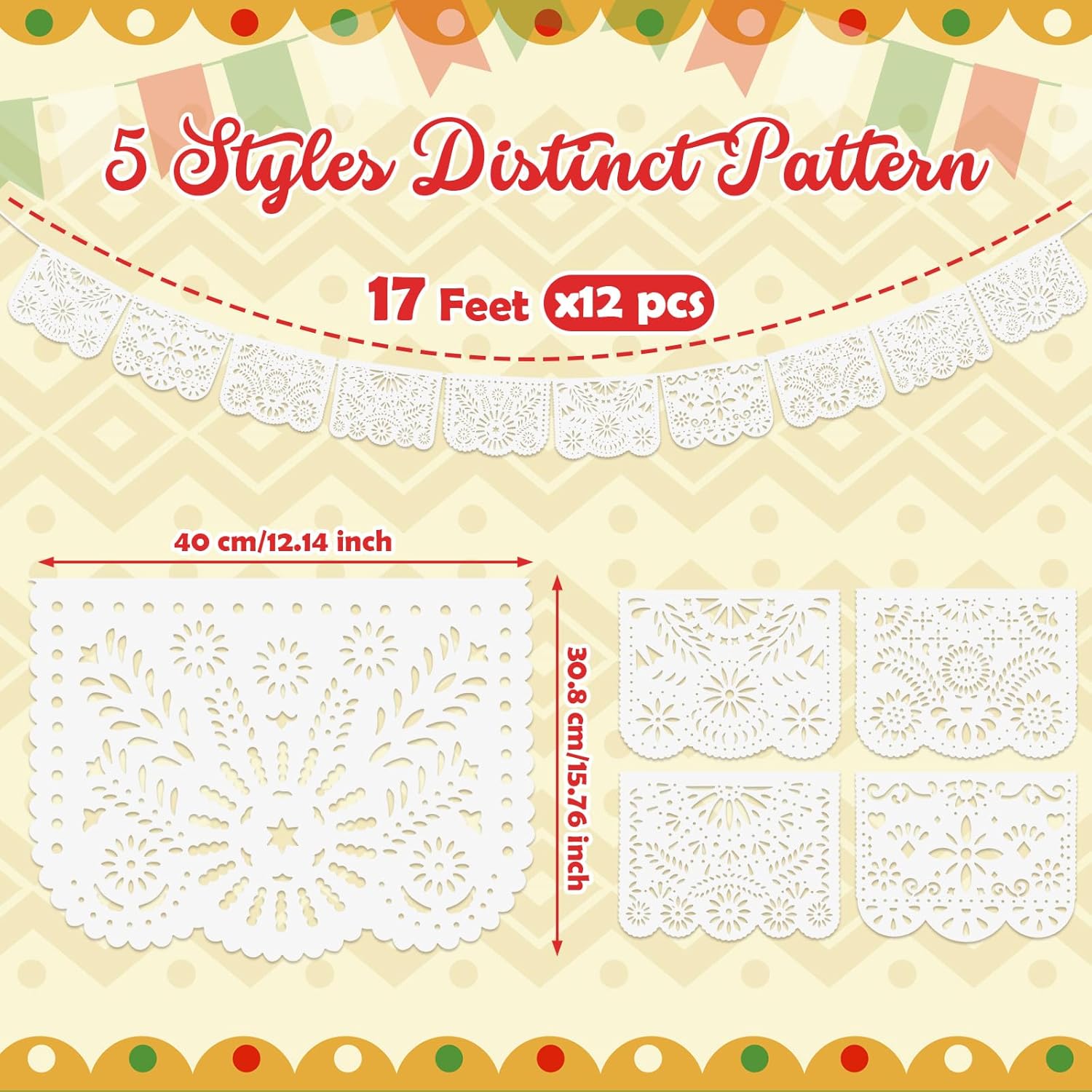 Oudain 12 Pack White Papel Picado (17 Feet Long Per Pack), Plastic White Mexican Banner Cielito Lindo Decoration for Fiesta Wedding Baby Shower Birthday, 5 Patterns