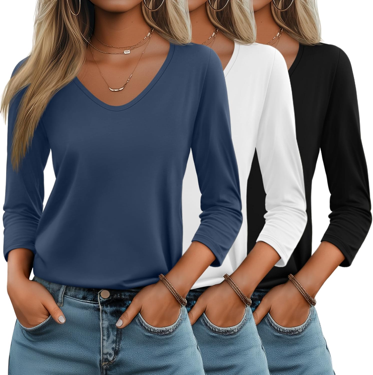 Huukeay 3 Pack Women's 3/4 Sleeve T-Shirts, V Neck Casual Tops Loose Fit Tunic Basic Tees 3/4 Length Sleeve Soft Blouses