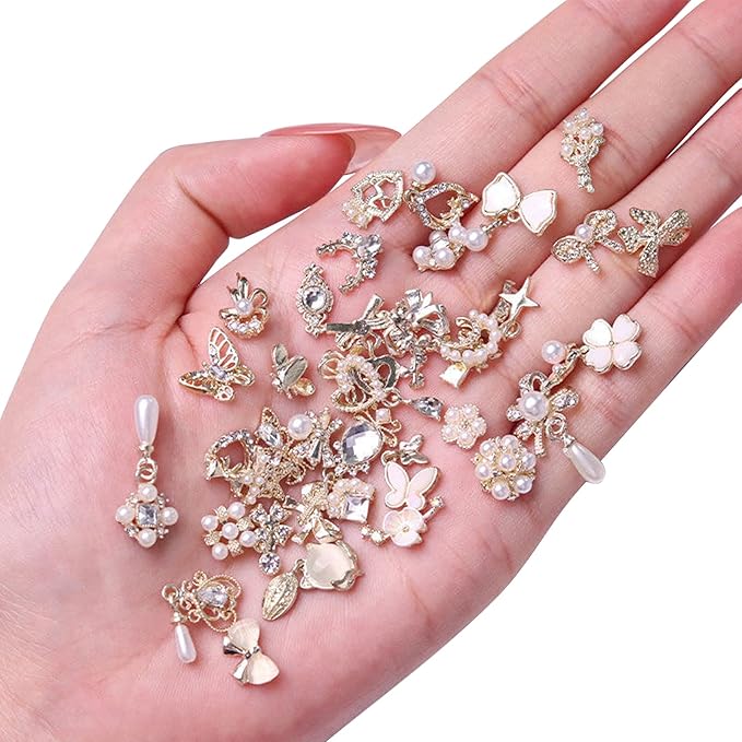 Nail Art Hearts and Bows,50PCS Mixed 3D Pearl Rhinestones Bowknot