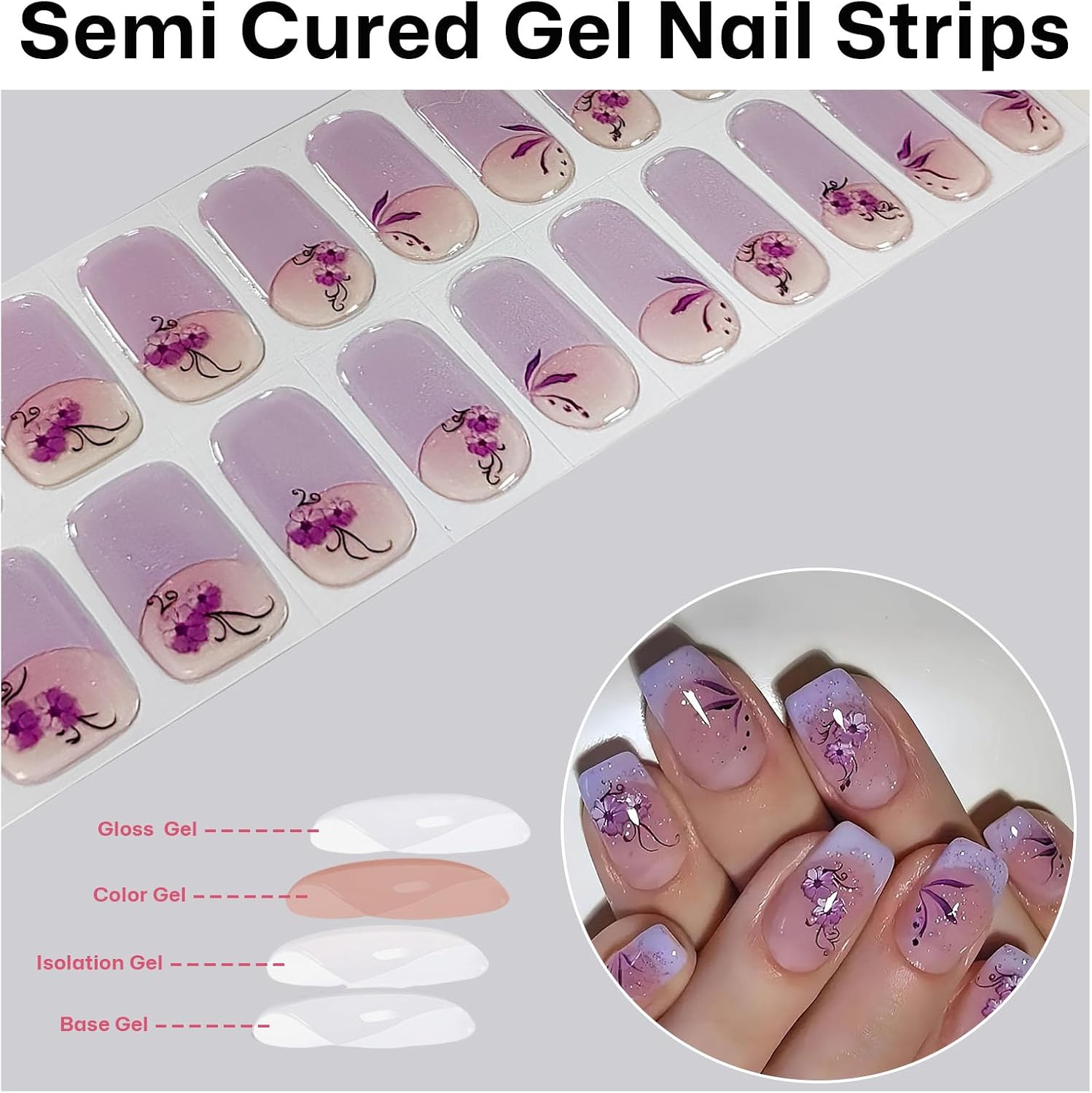 Semi Cured Gel Nail Strips 20Pcs Gel Nails for Use with Any UV/LED Nail Lamp Easy to Apply and Remove Nail Art Stickers for Women (Purple French Flower) image 4